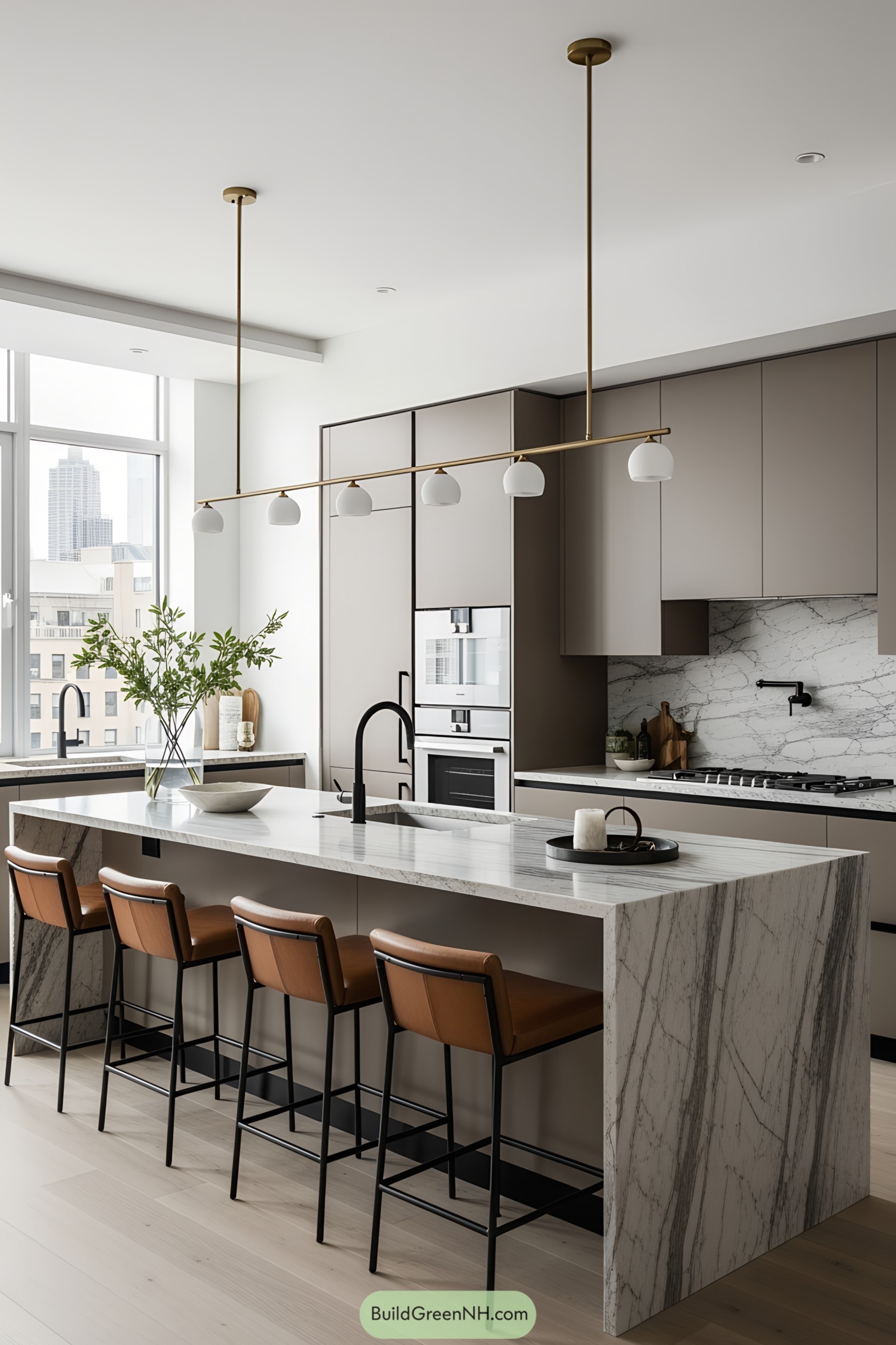 Modern kitchen featuring marble counters and sleek cabinets