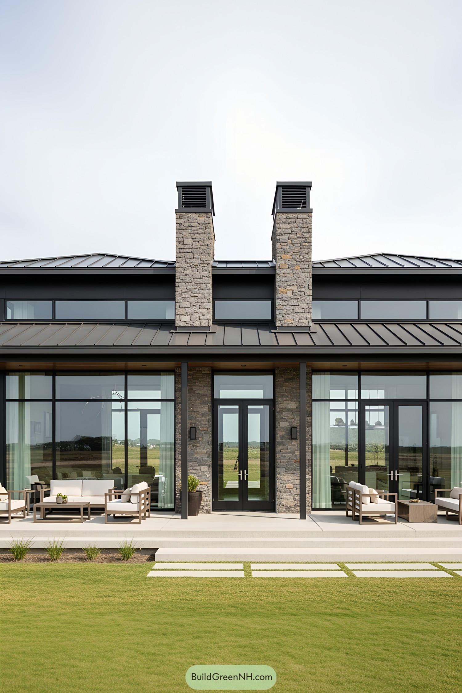 Modern home exterior with large glass windows and stone chimneys