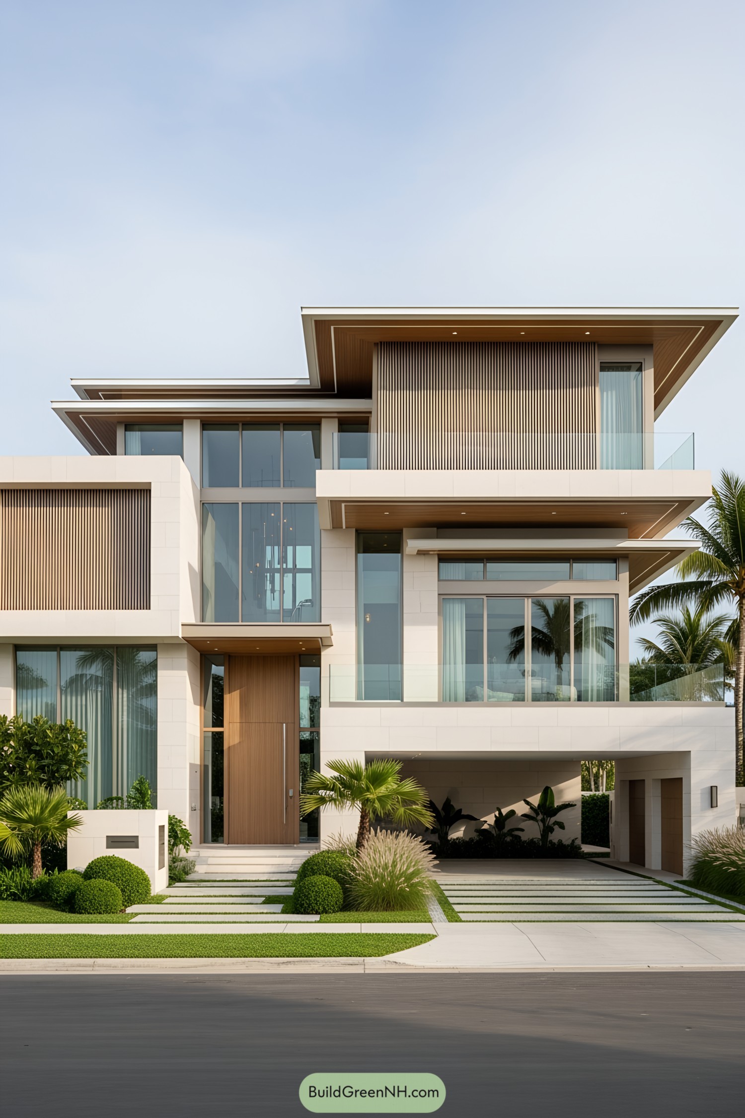 A stunning modern villa with grand glass windows and lush greenery in front