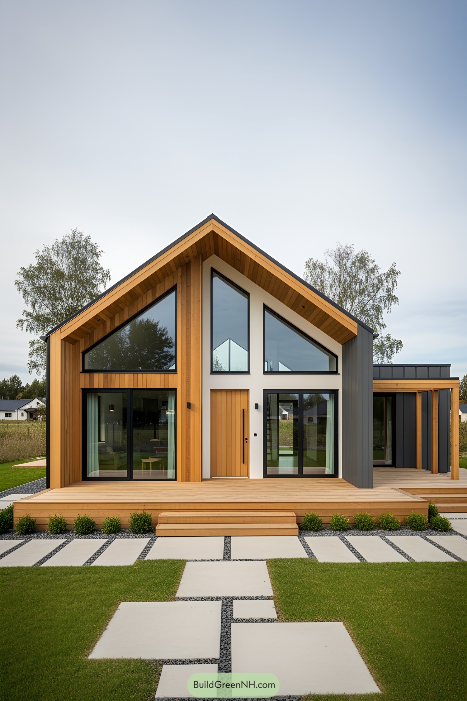 Contemporary wooden bungalow with large glass windows