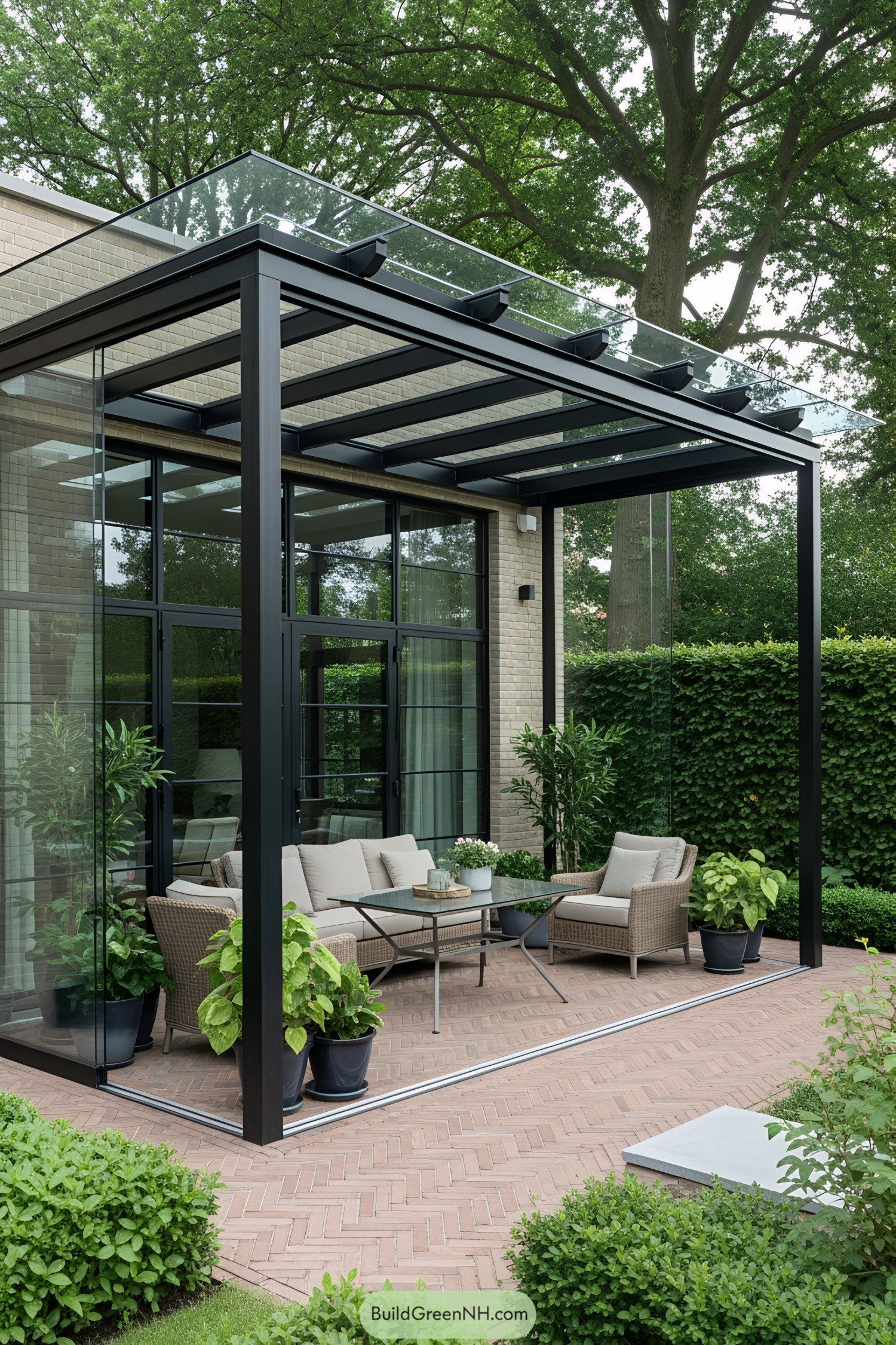 Modern terrace with glass canopy and lush plants