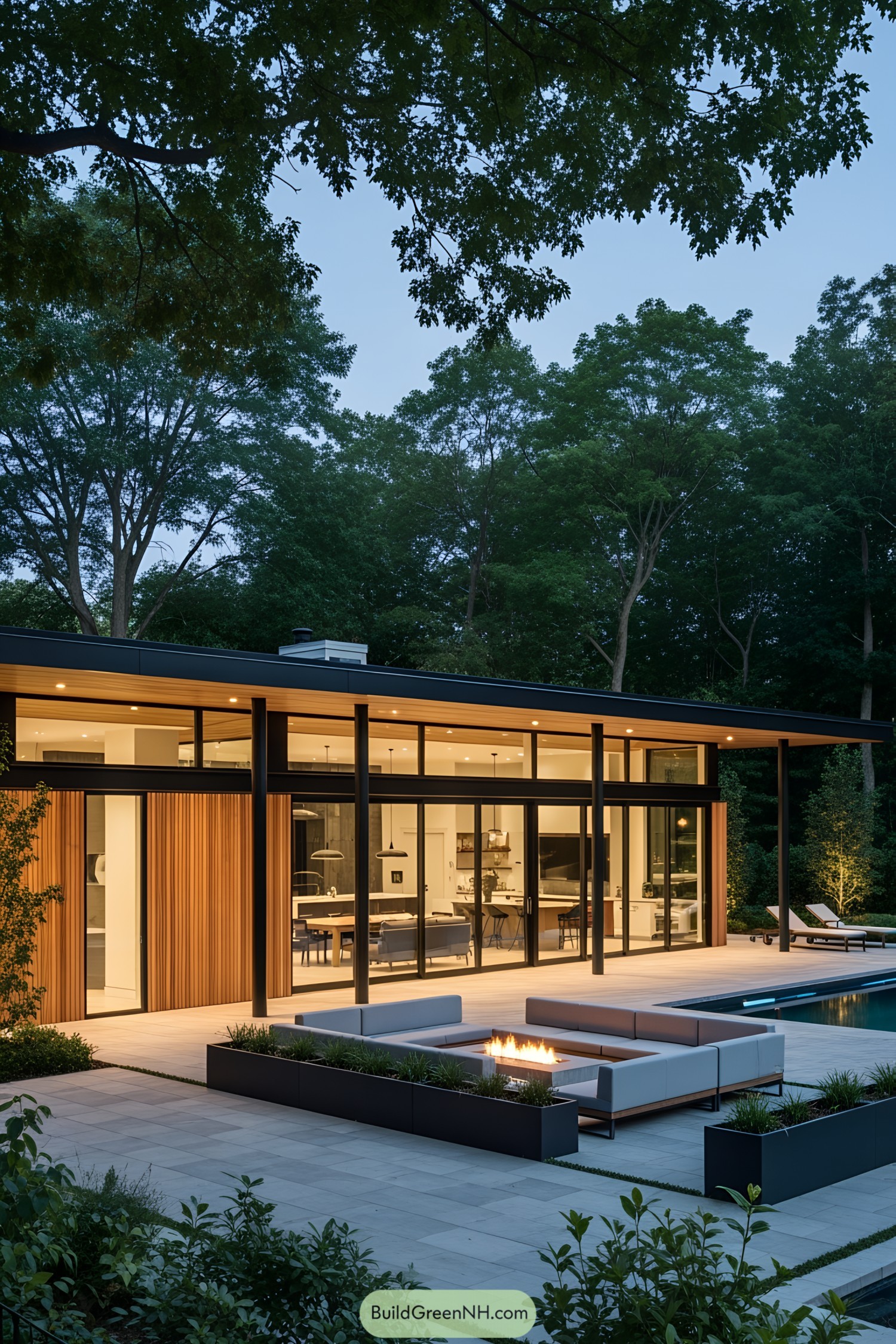 Modern pool house with large glass windows and patio furniture