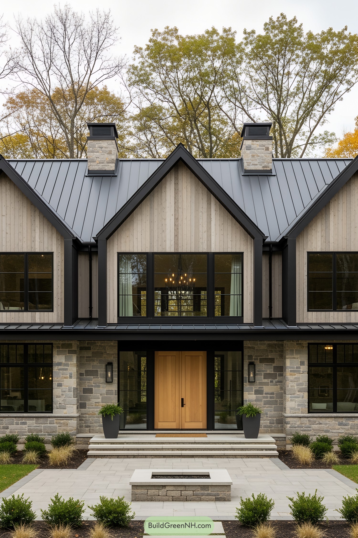 Rustic house with modern design and tall trees in the background