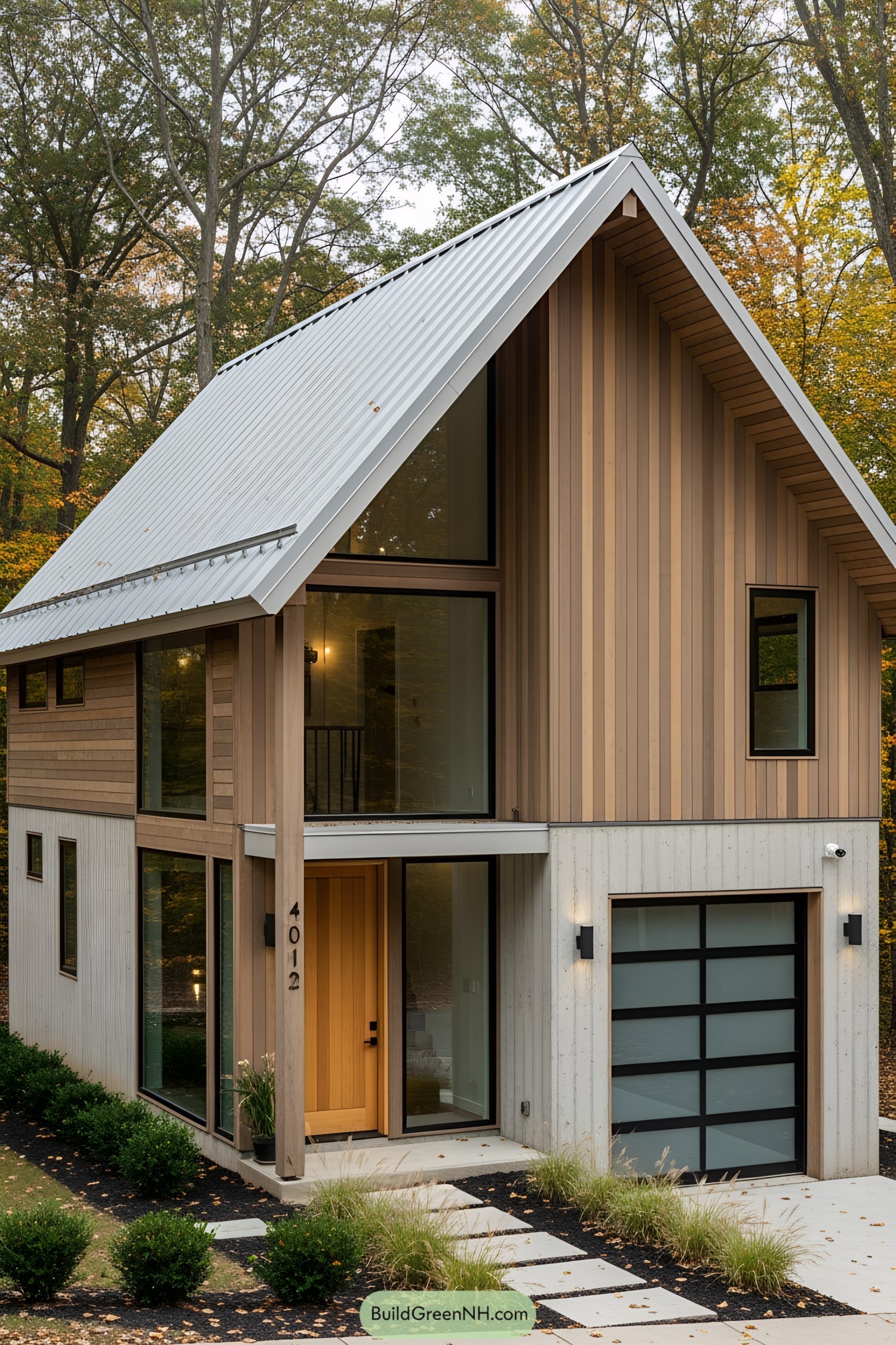 Modern industrial house with large windows, a sloped roof, and natural wood elements