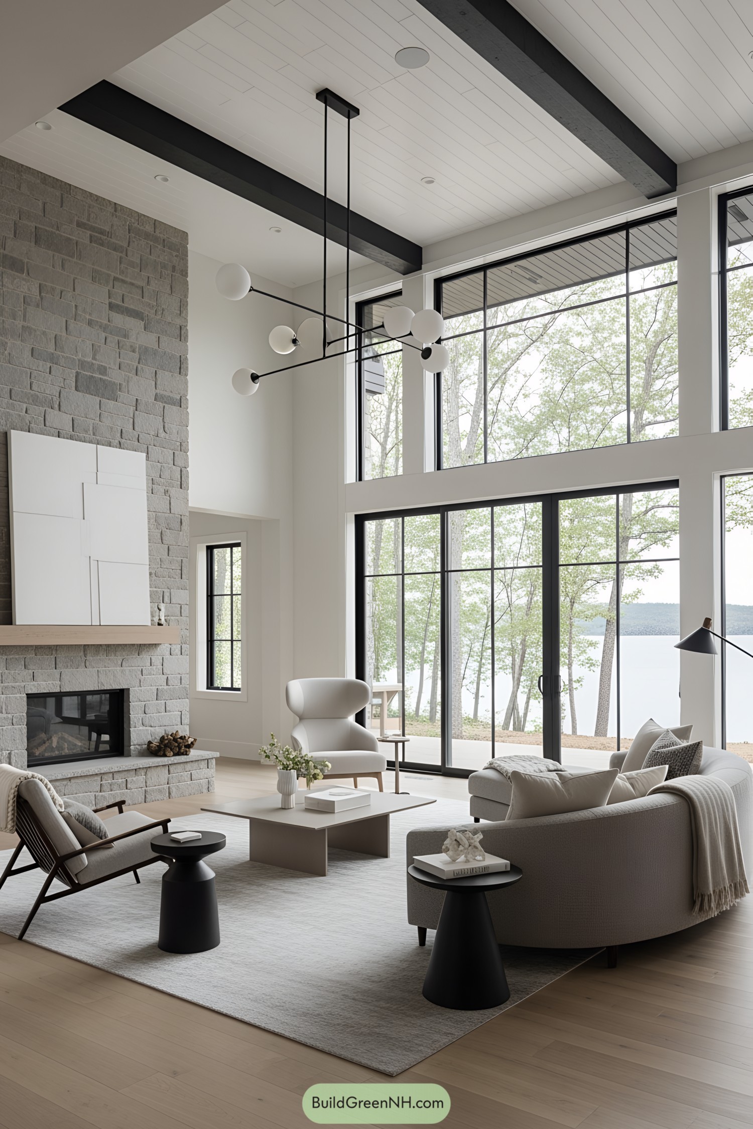 Modern lake house interior with stone fireplace and large windows