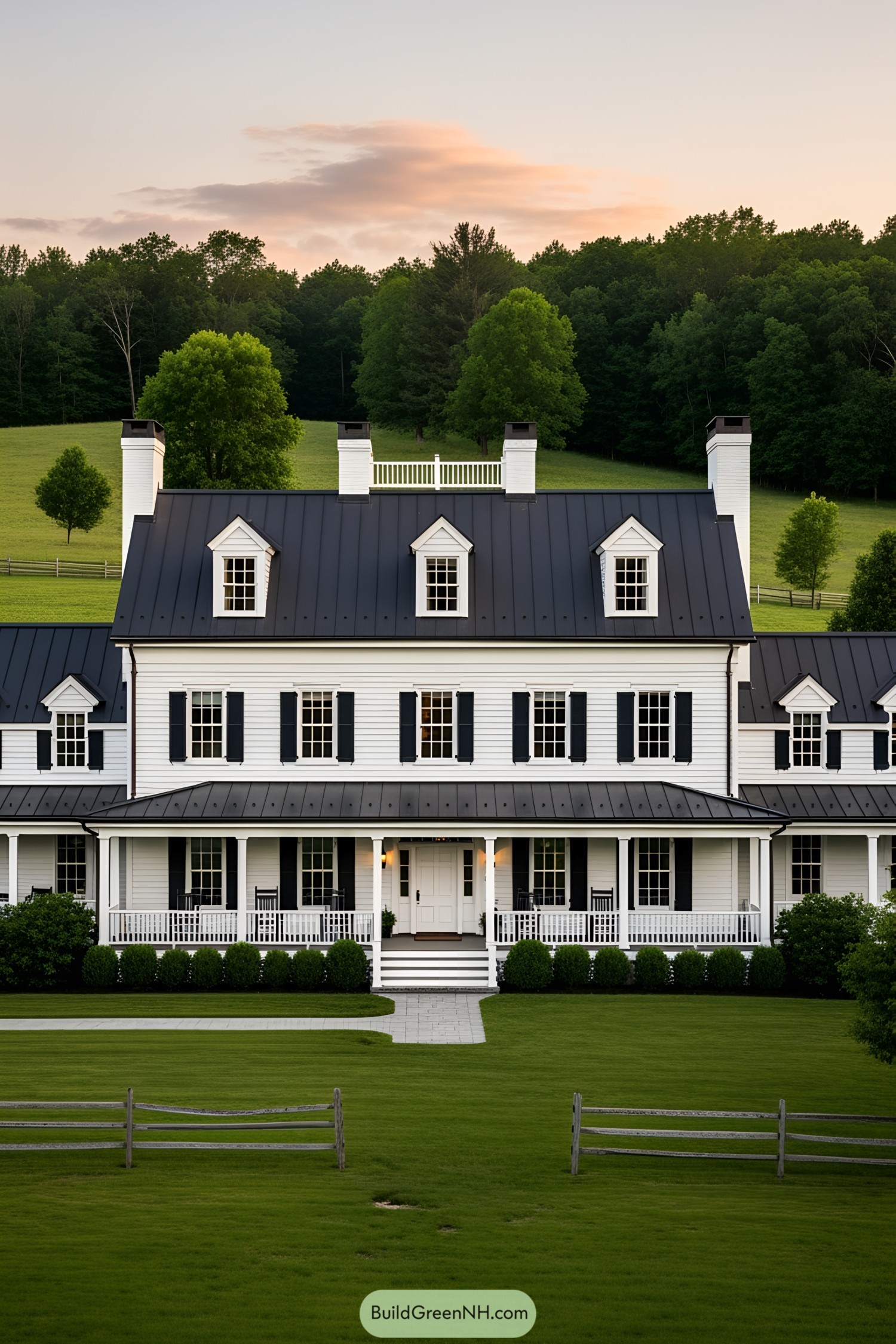 White barn house with dark roof amidst lush greenery