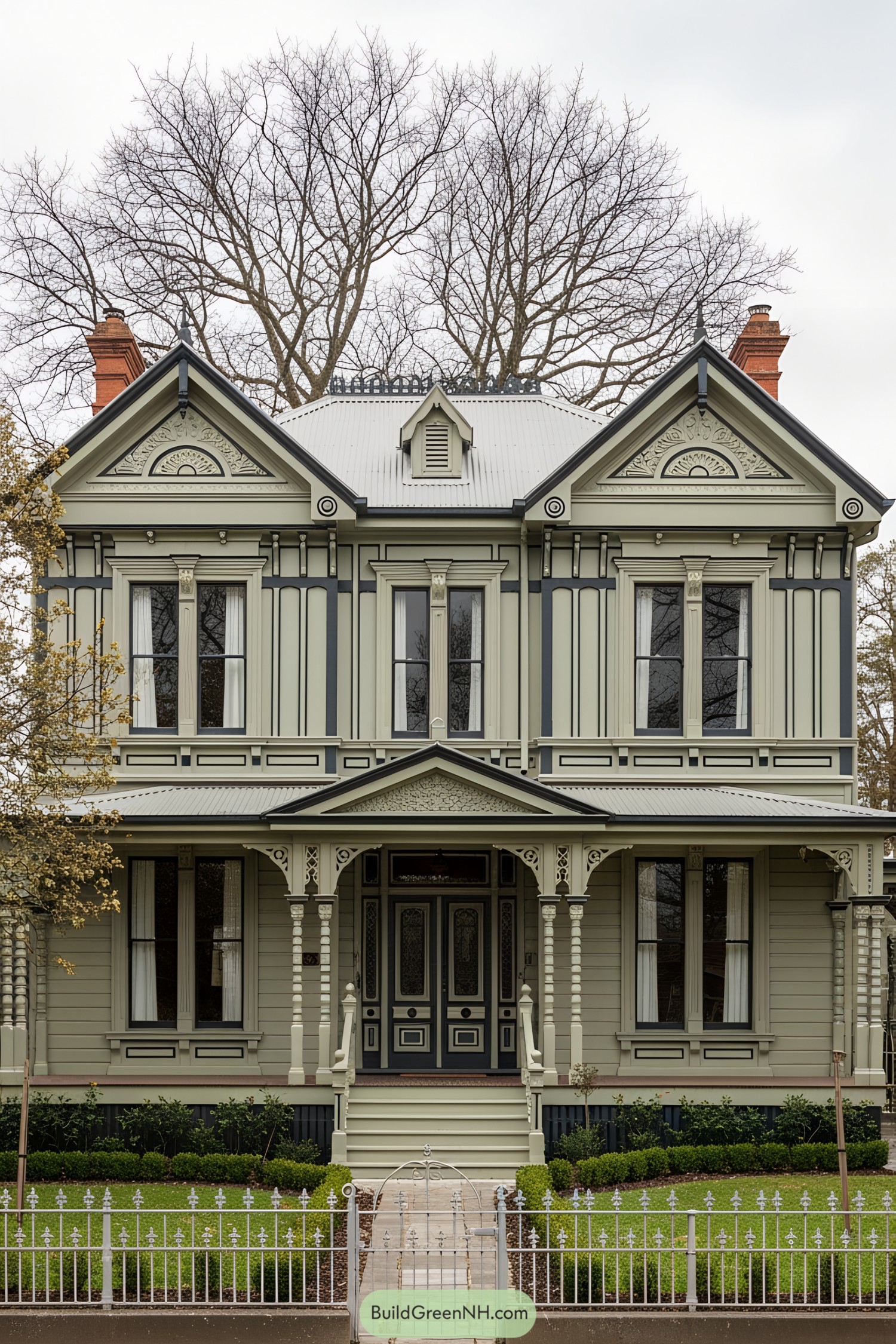 Victorian style house with elaborately detailed architecture, flanked by bare trees