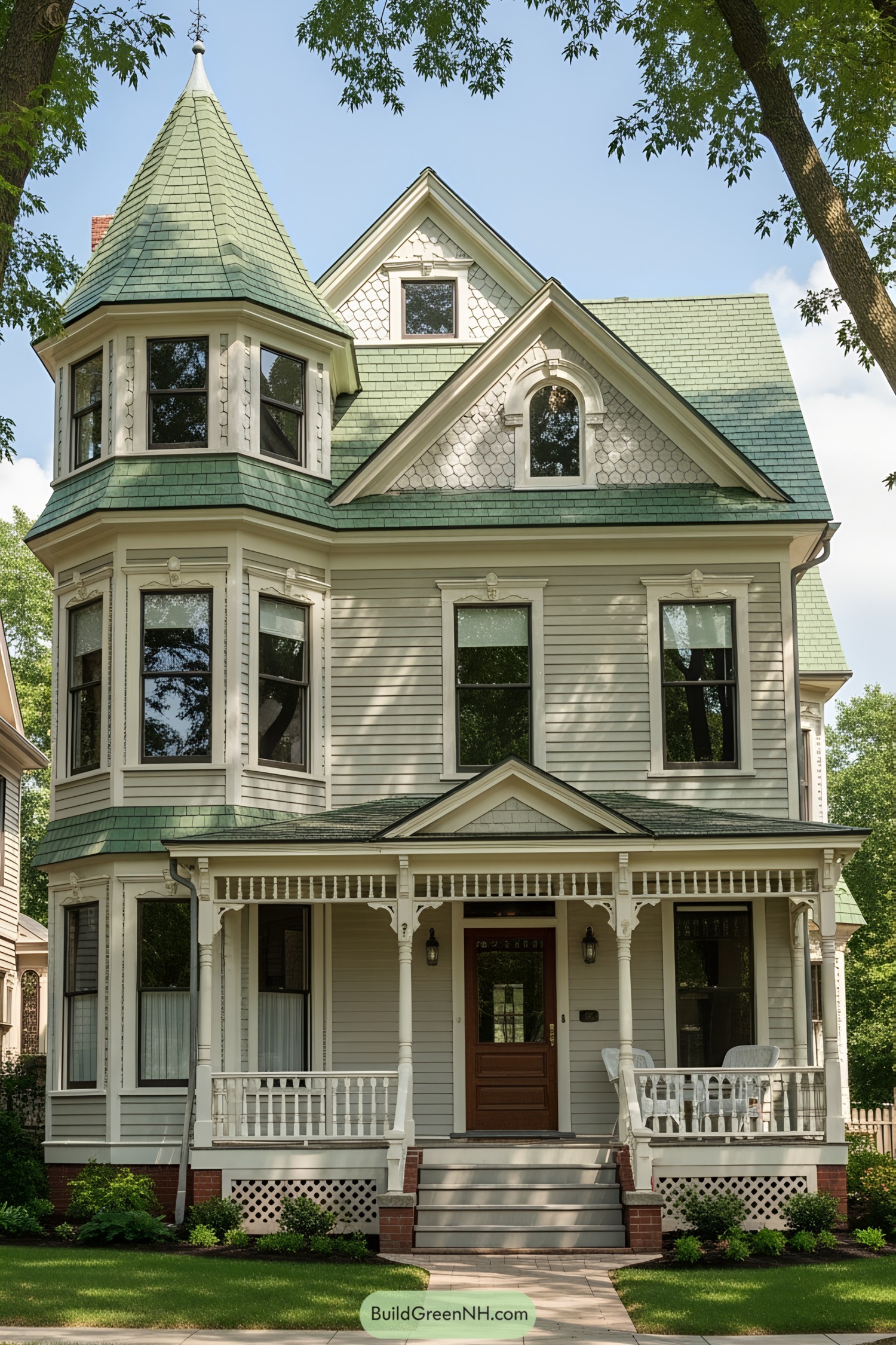 Victorian house with a green turret and decorative trim