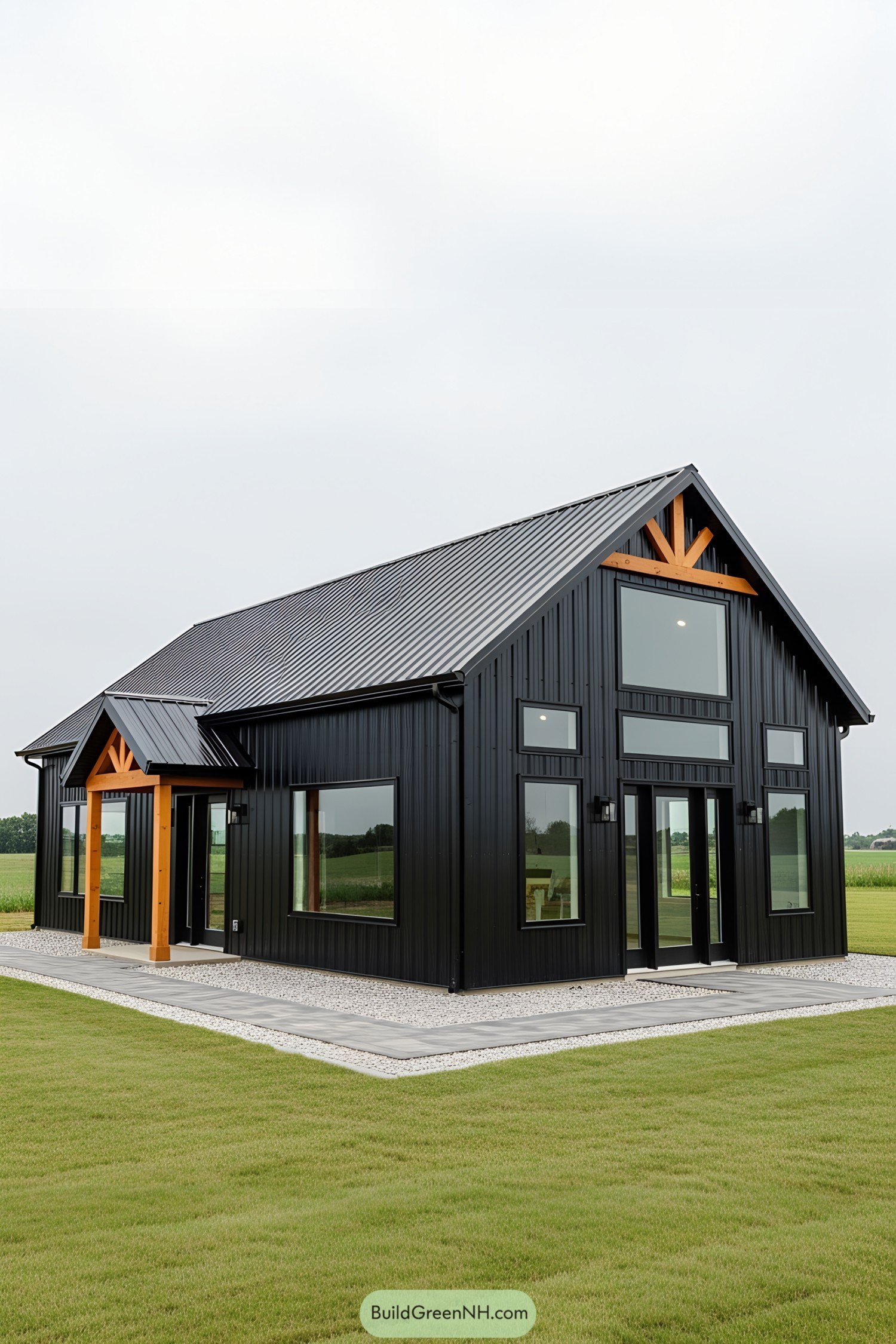 Sleek black barn with wooden accents set in a grassy field