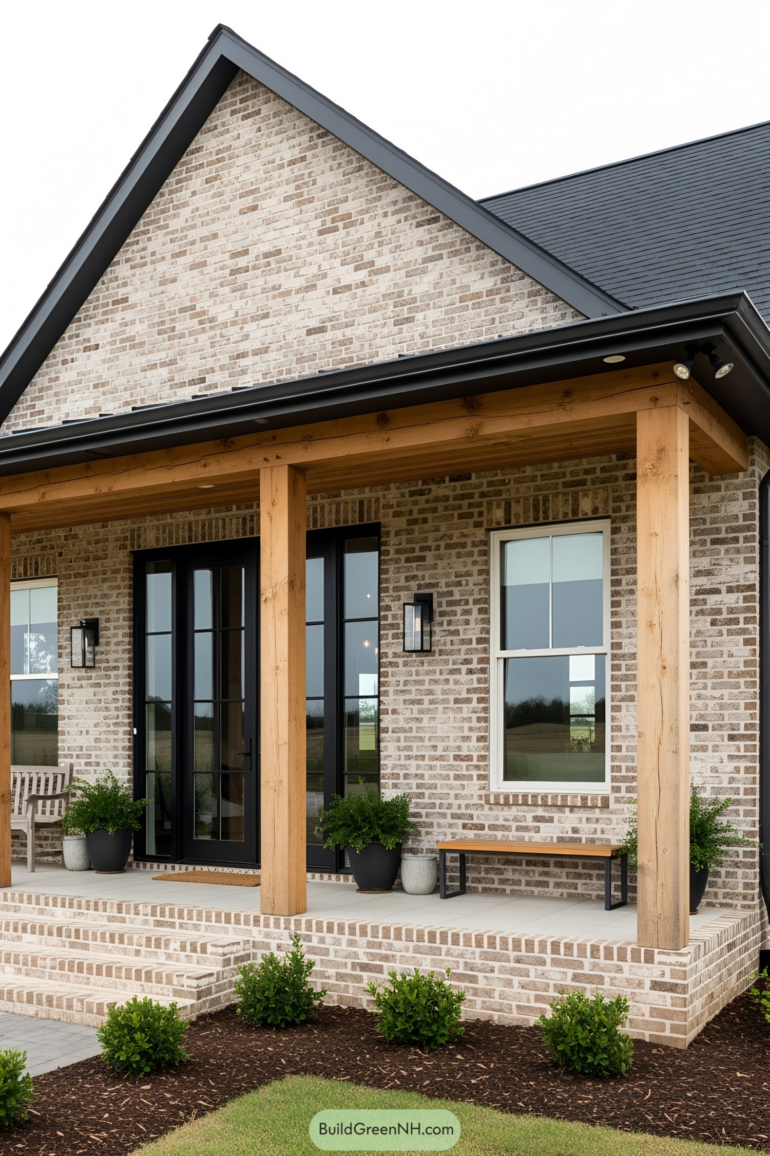 A charming brick house with a wooden porch