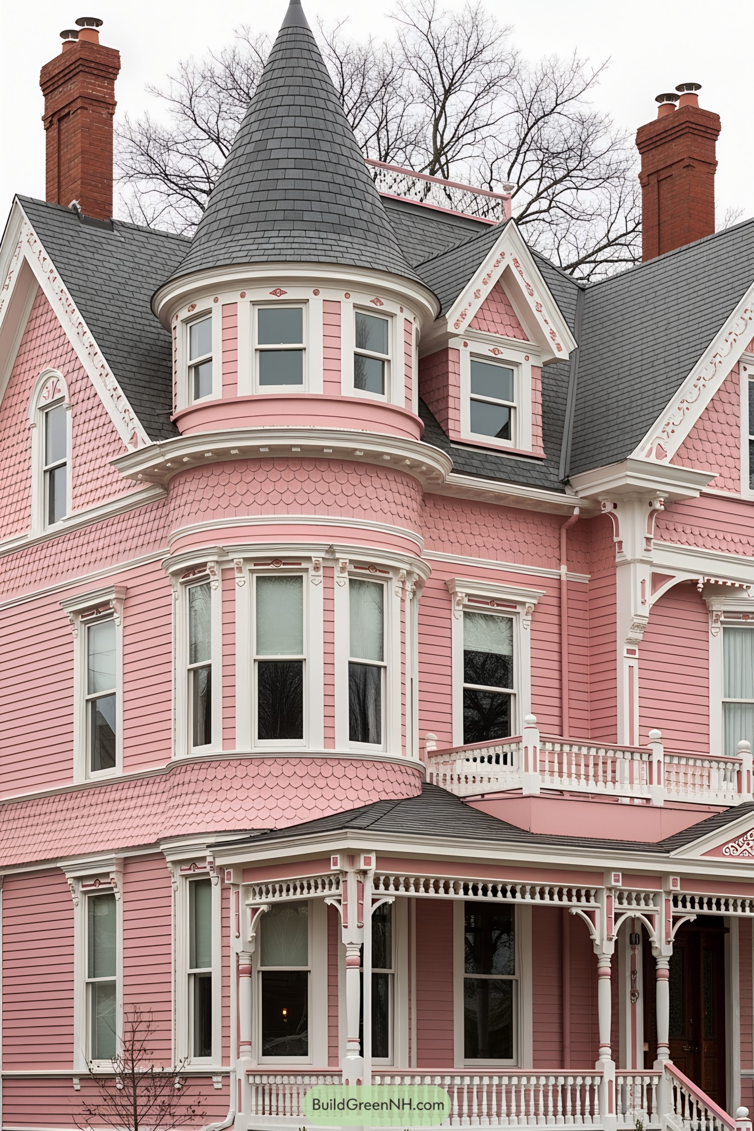 Pink Victorian house with a turret and white trim