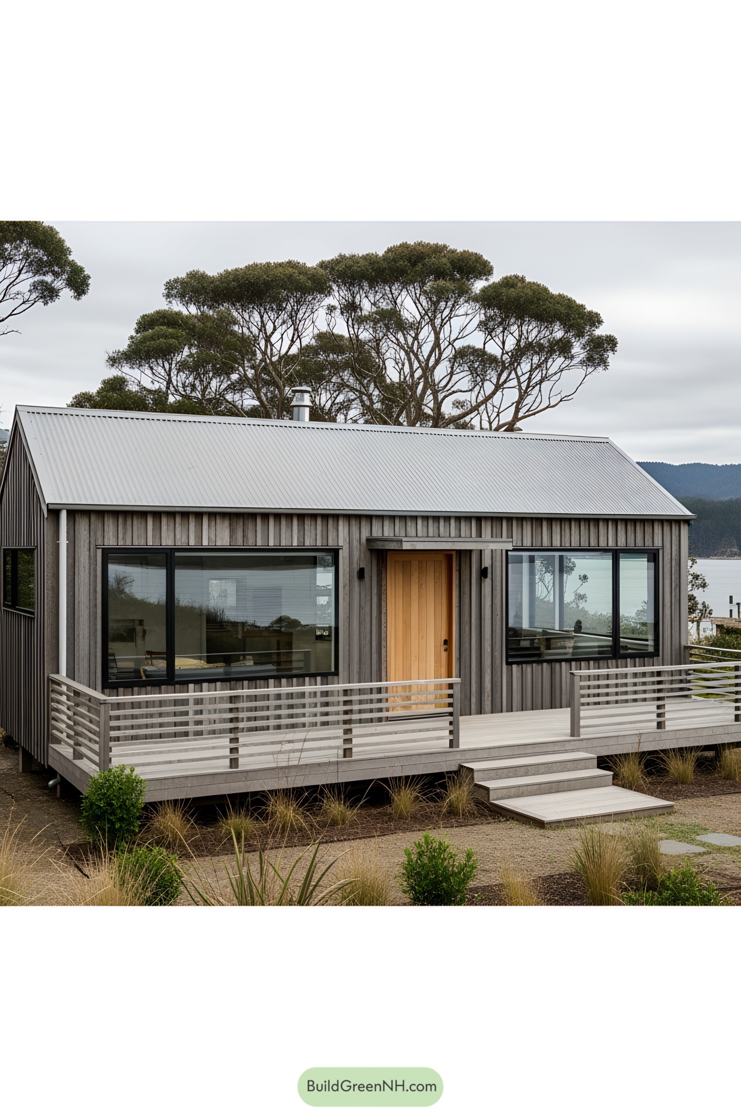 Lakeside cabin with a wooden terrace
