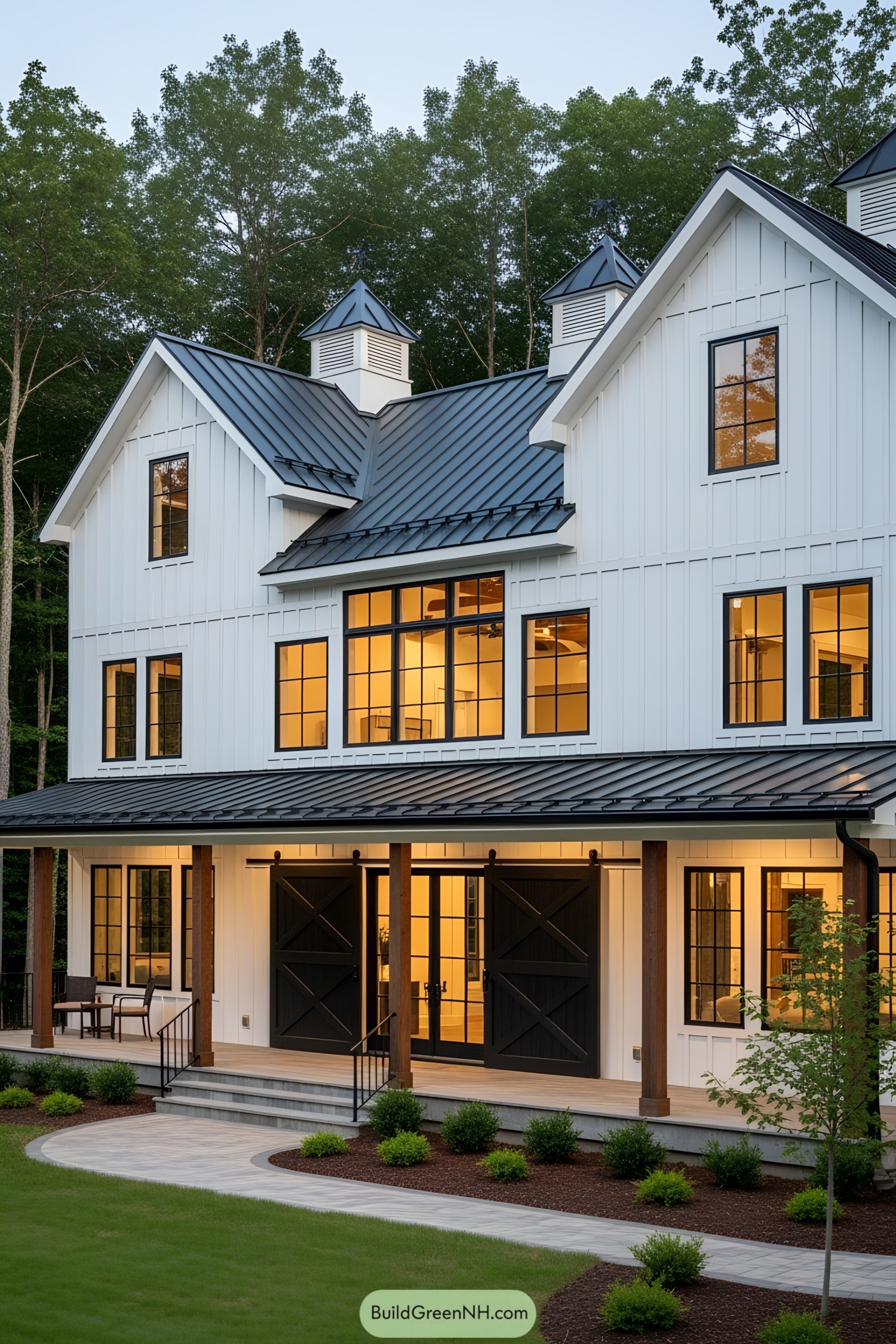 Charming white barn house with black accents