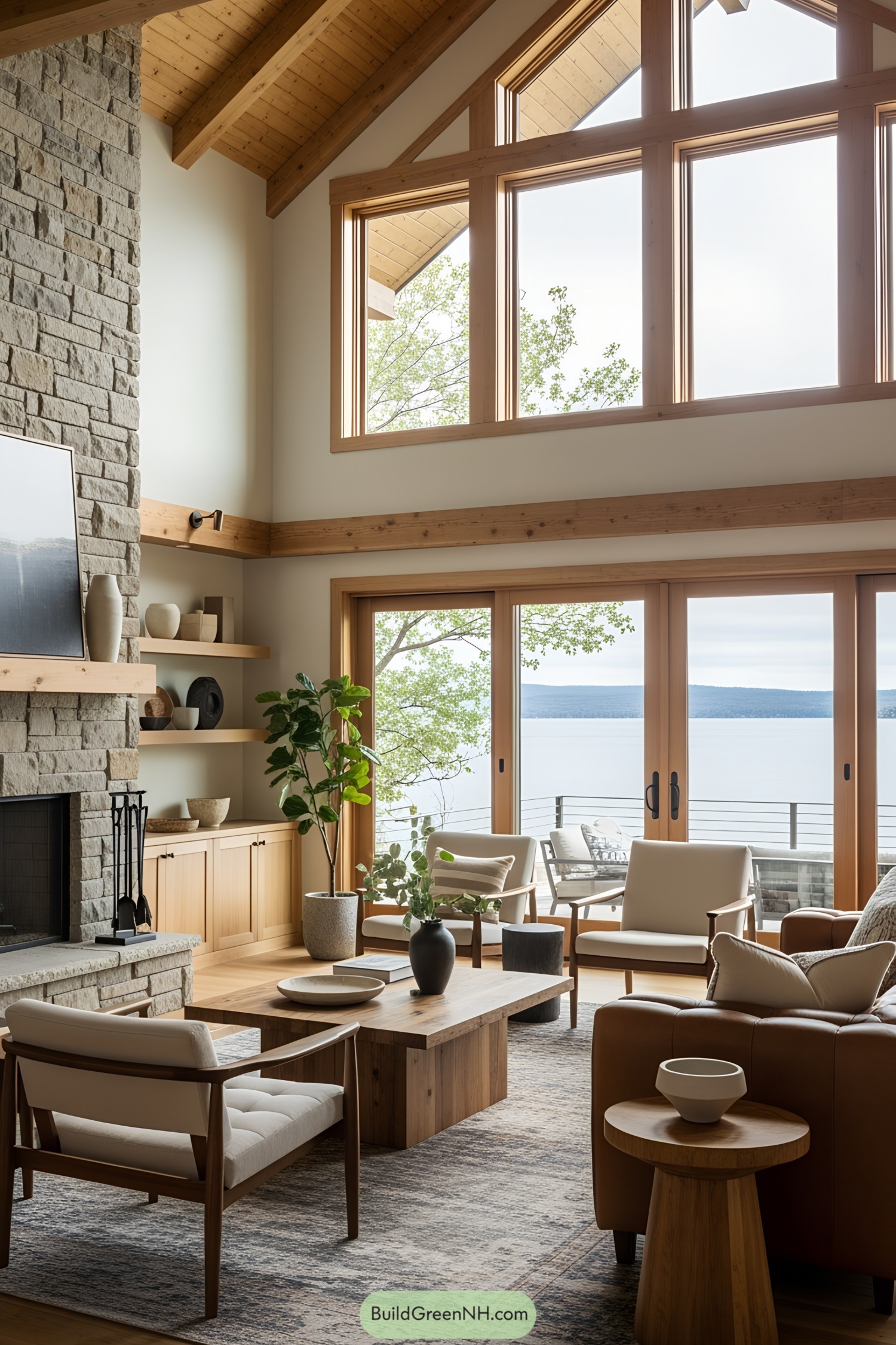 Bright living room with stone accents and large windows