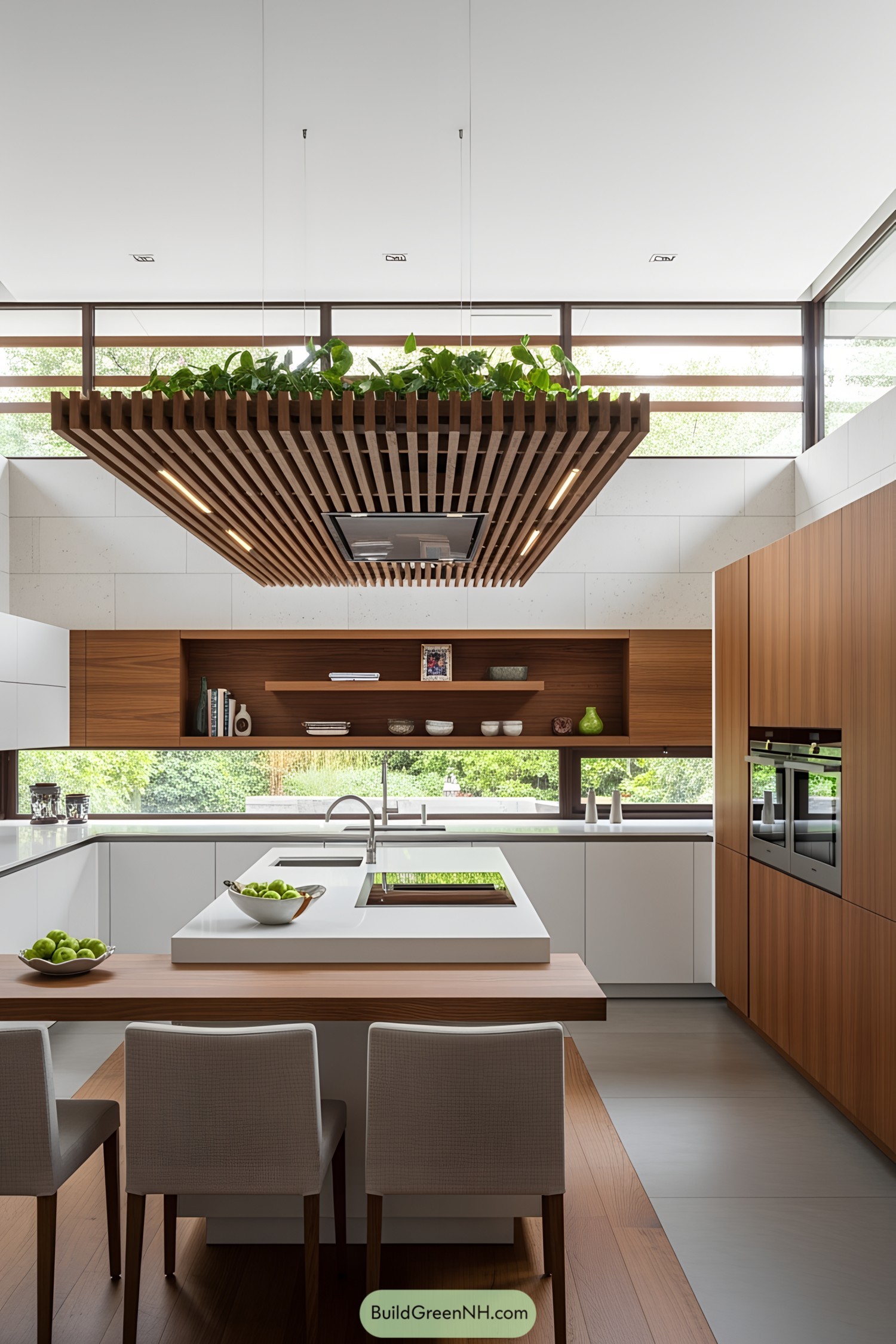 Modern kitchen with wooden accents and greenery