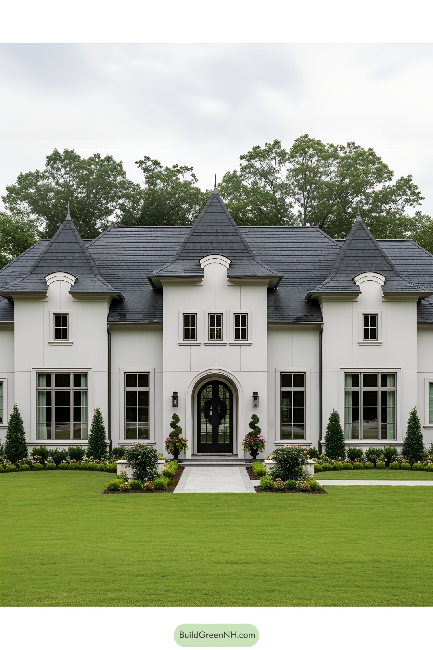 Elegant modern house with lush lawn and gardens