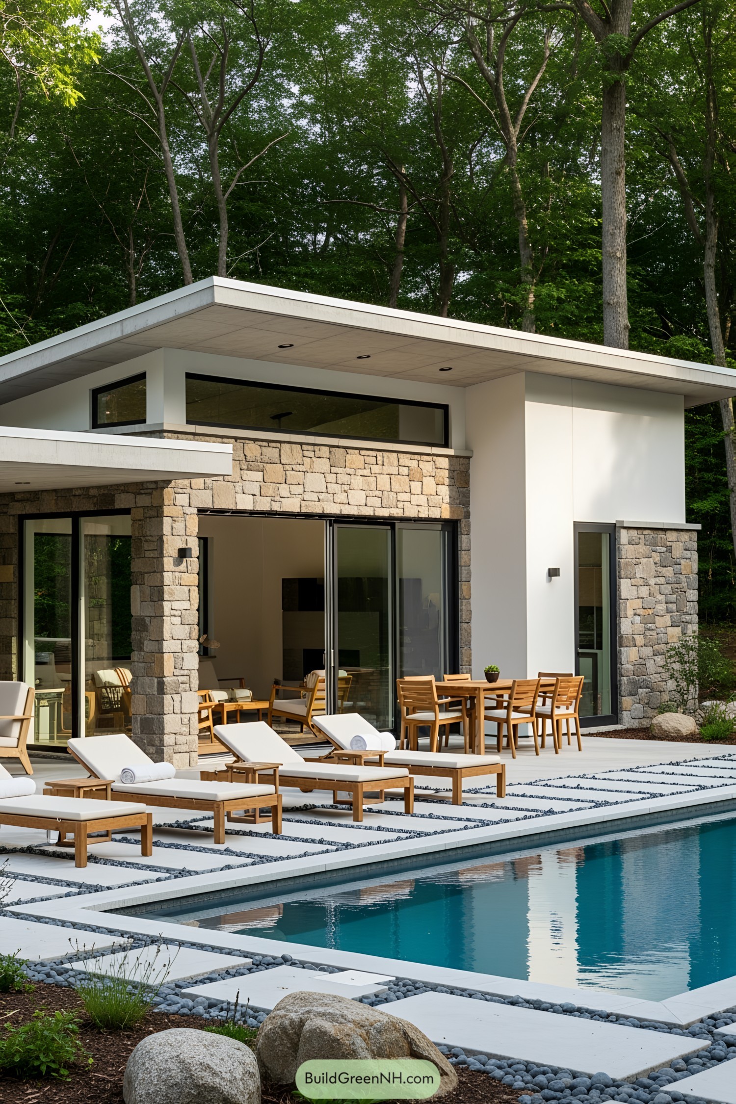 Modern pool house with sleek design and natural surroundings