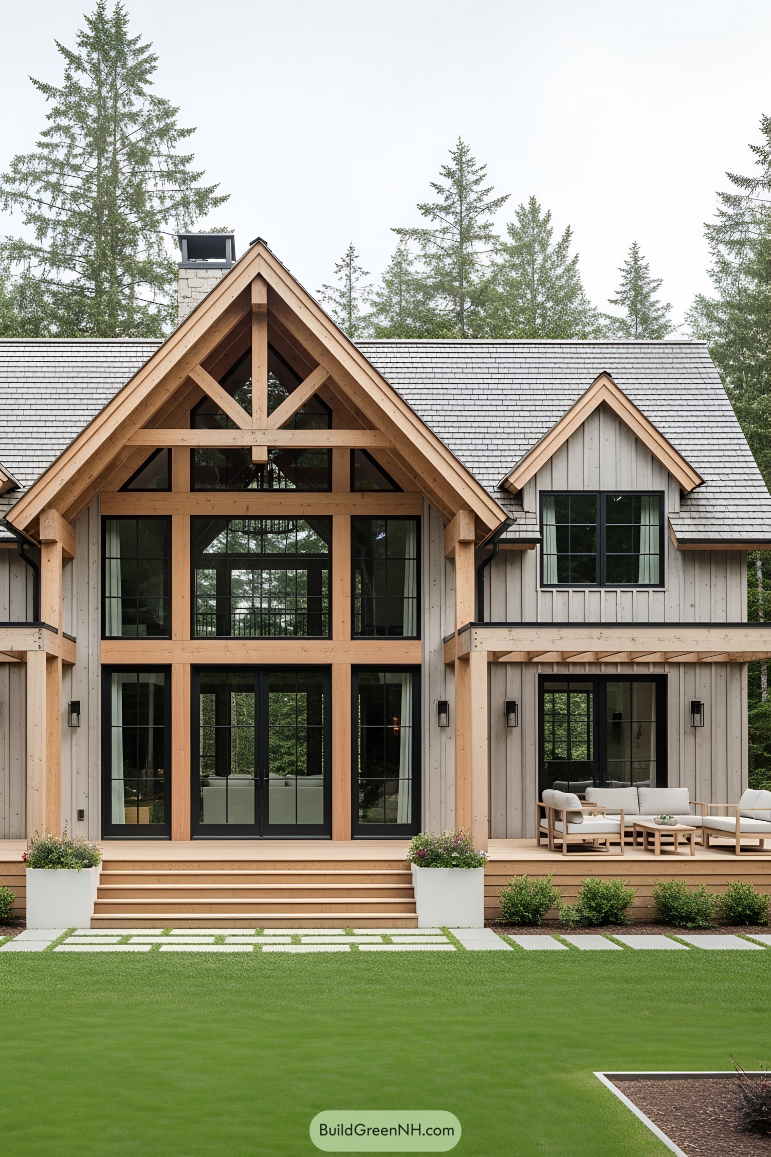 Modern rustic house with timber accents and a neat lawn