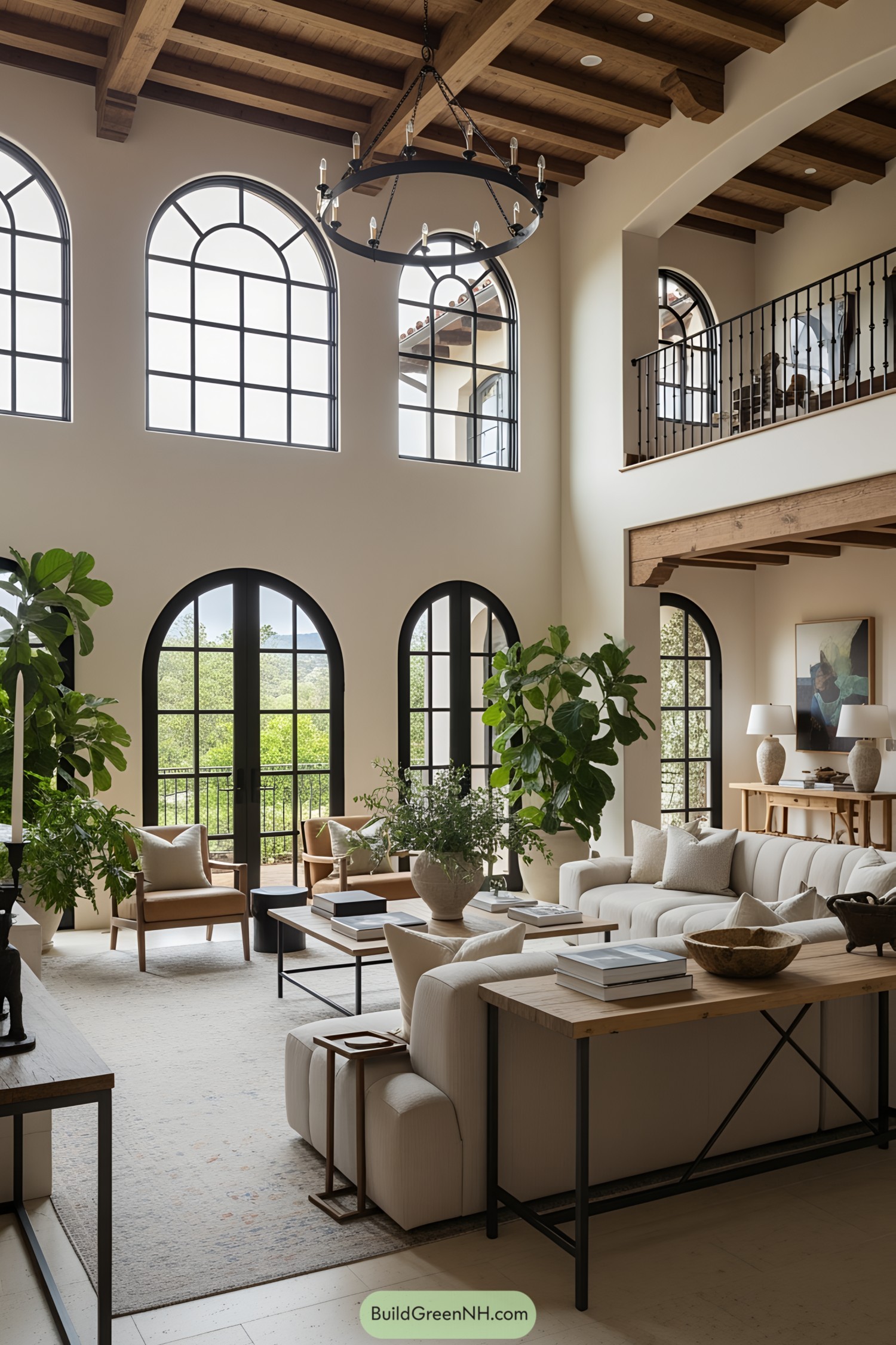 Bright Spanish-style living room with large arched windows and wooden beams