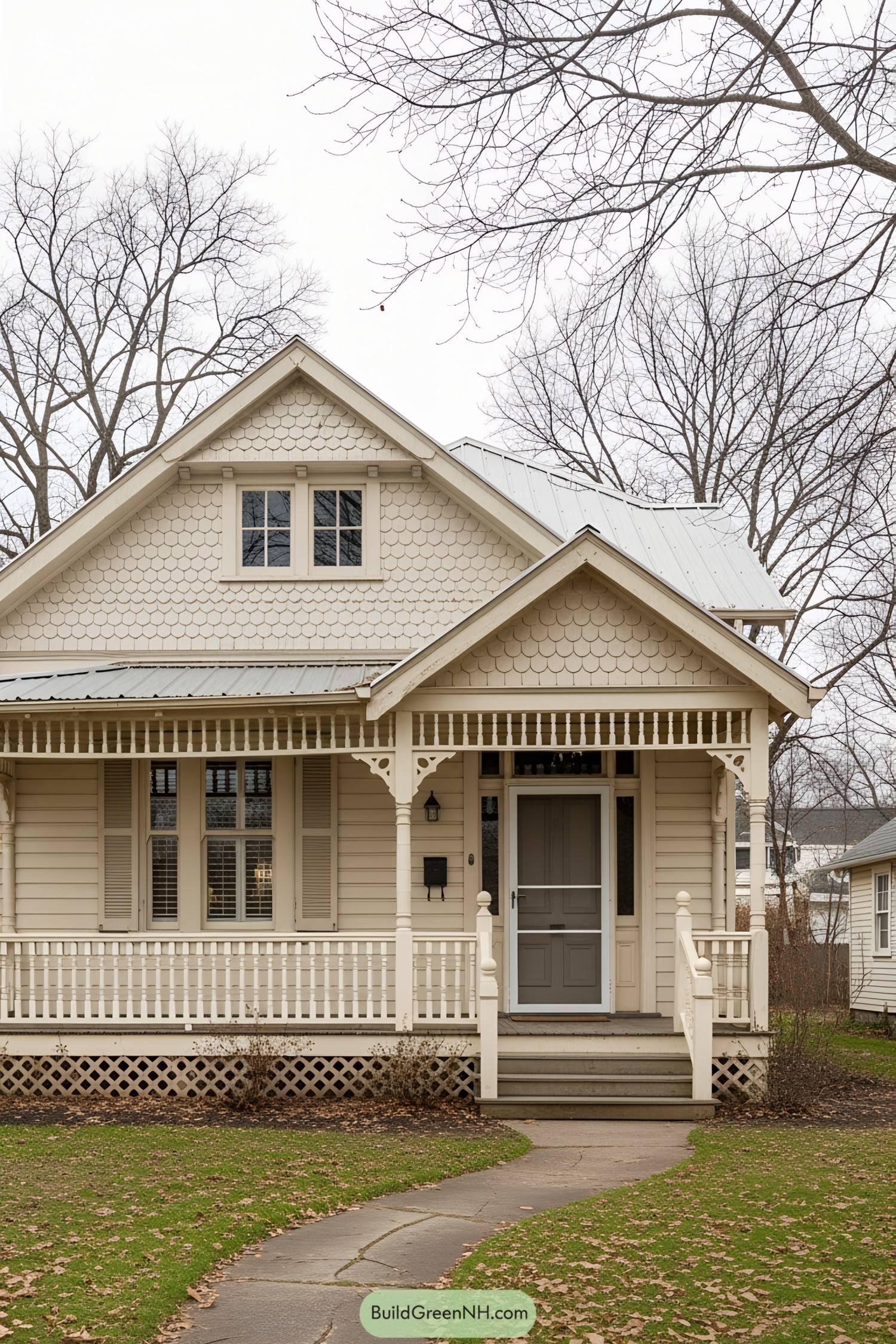 Cream-colored Victorian cottage with architectural details