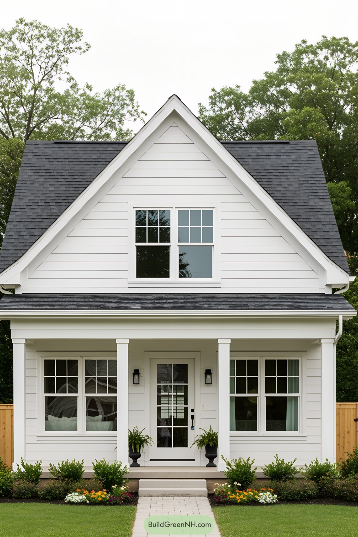 Front view of a charming white bungalow with a pitched roof