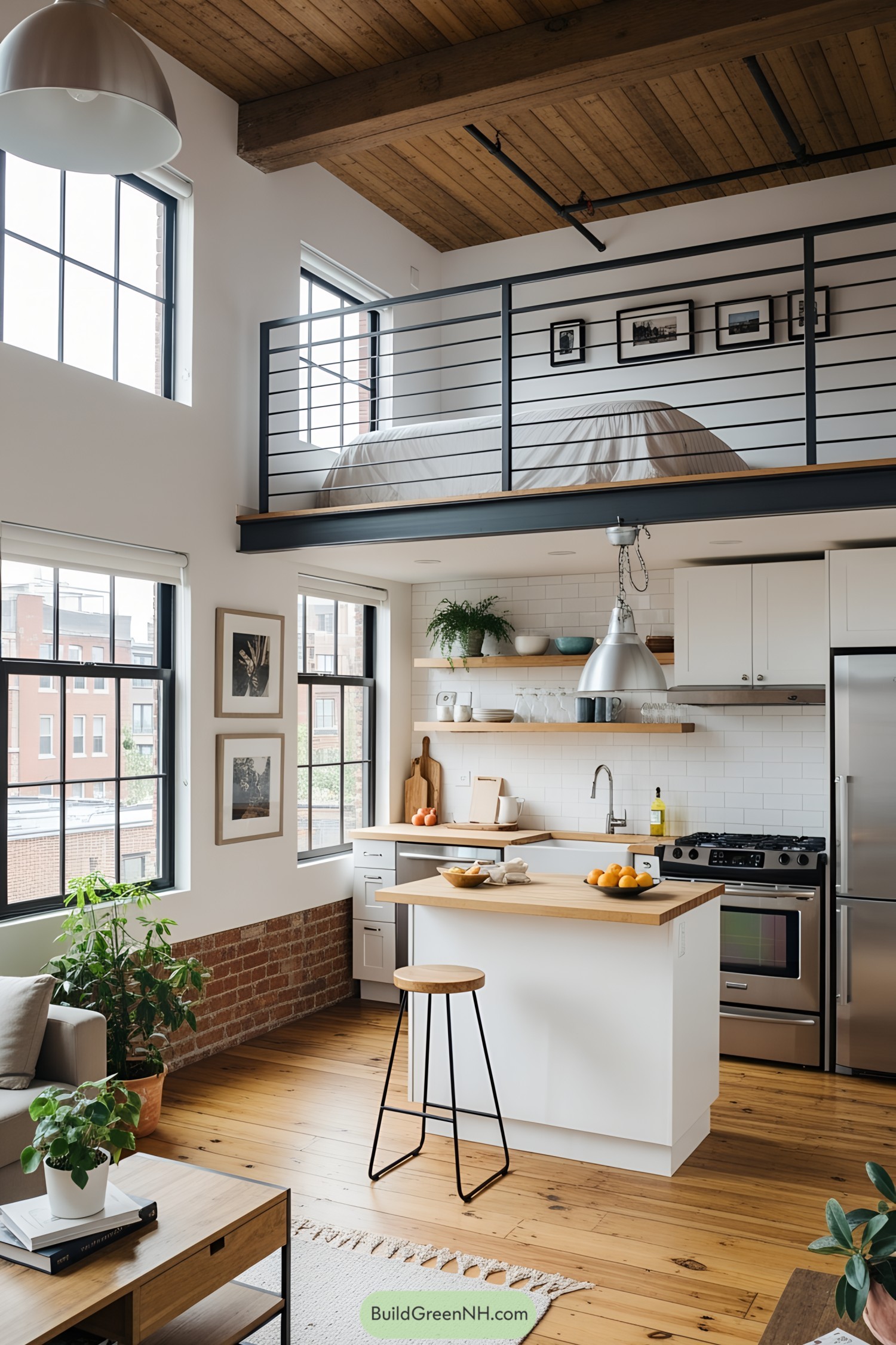Lofted barn tiny house interior with wooden beams and modern touches
