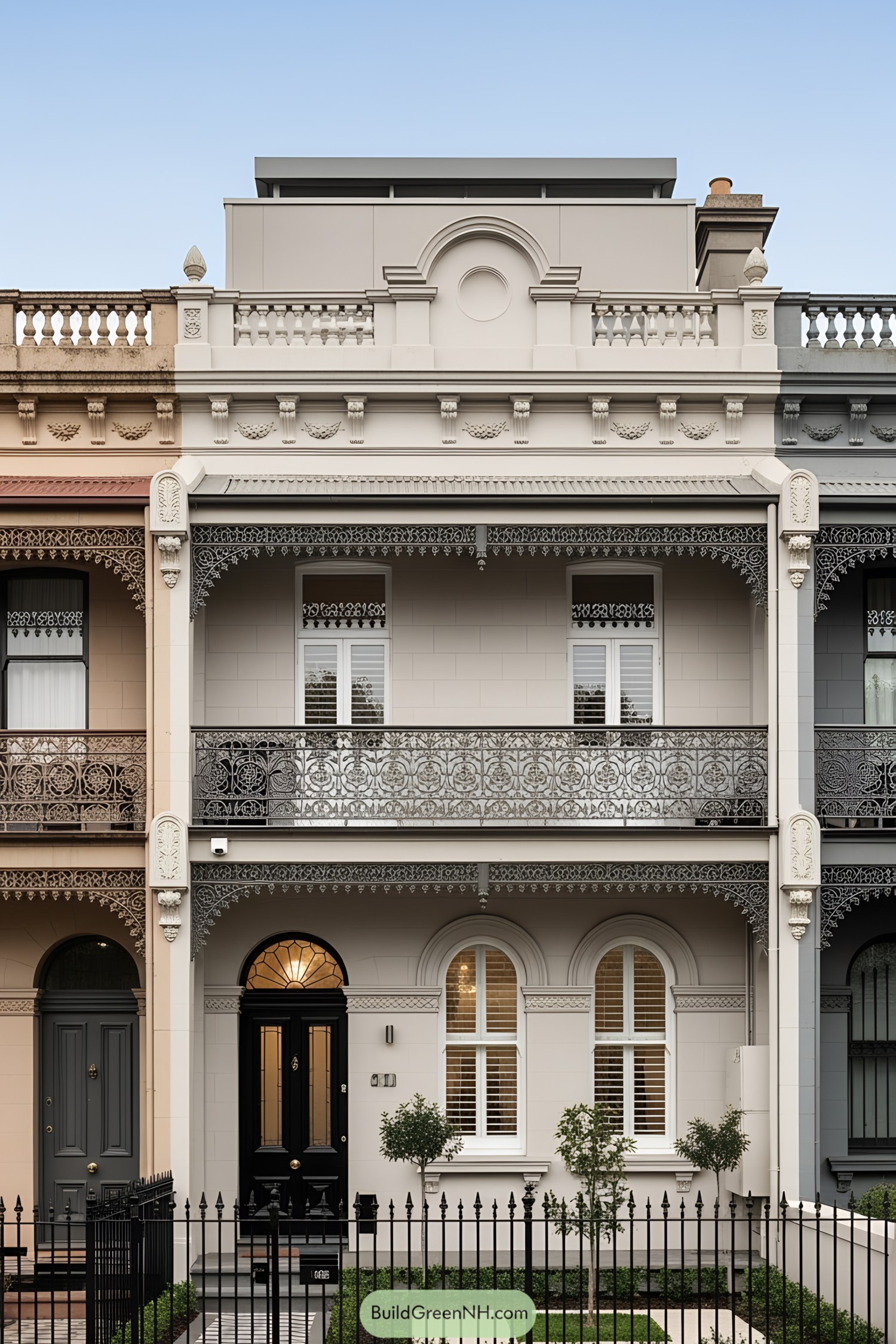 Victorian terrace house with ornate balconies and classic design