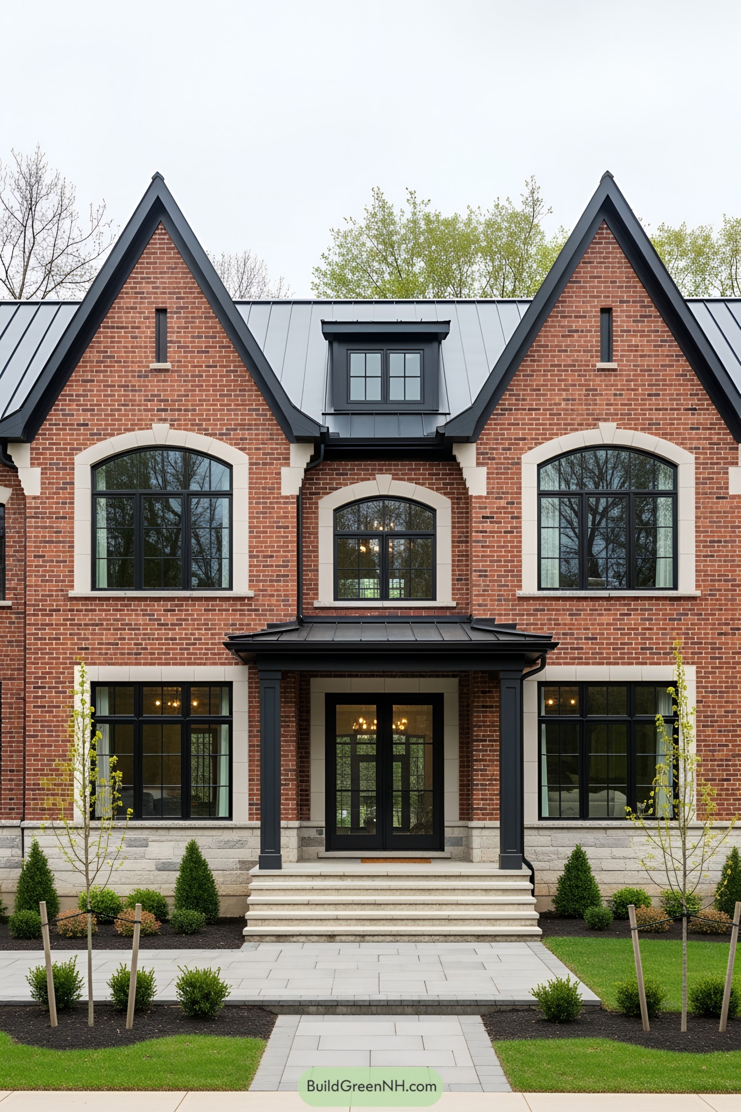 Red brick house with black trim and large windows