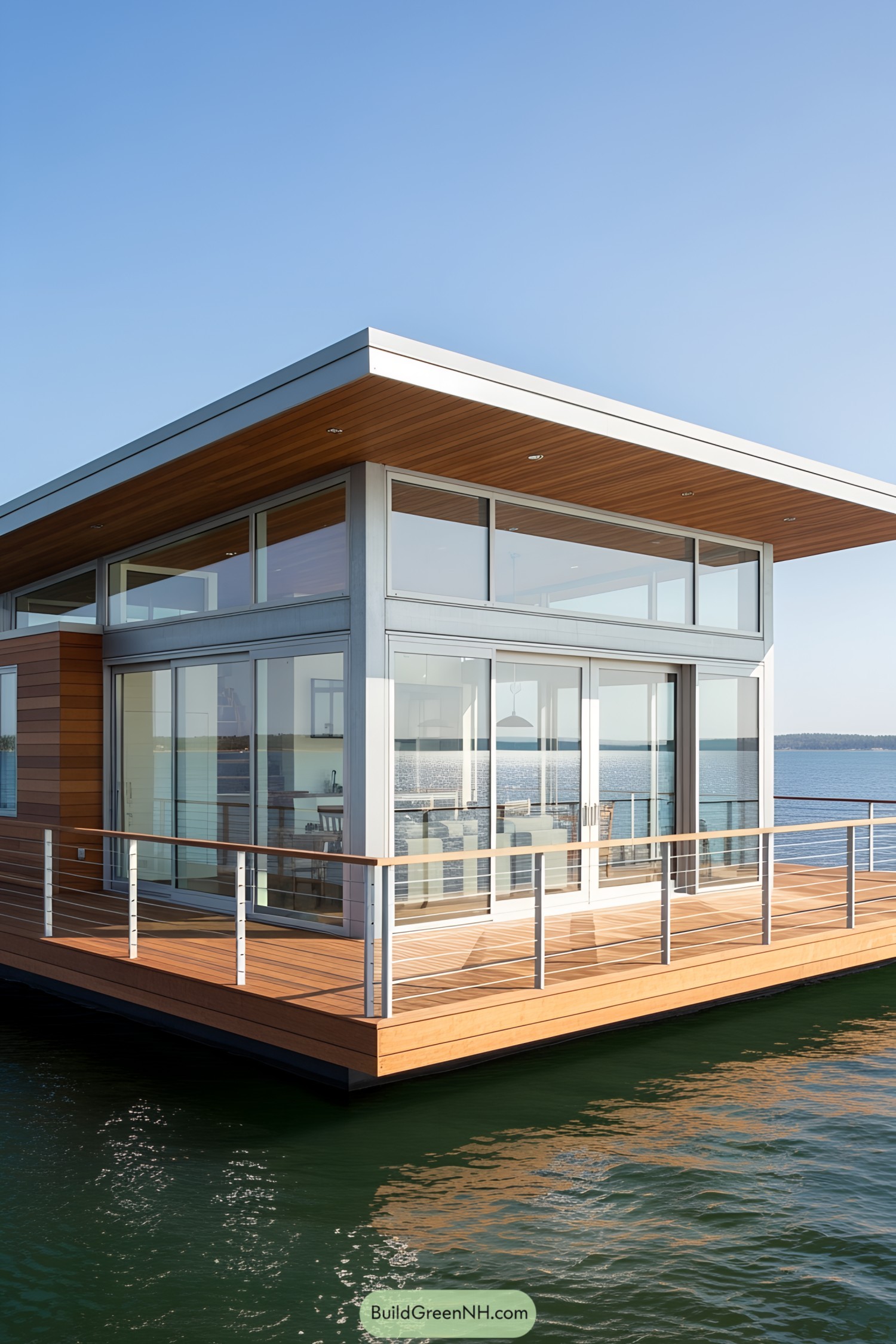 A modern floating glasshouse with wooden accents on calm waters