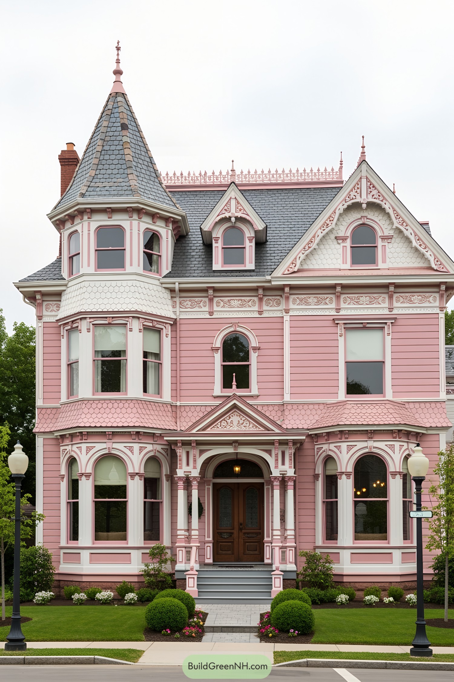 Elegant pink Victorian house with turrets