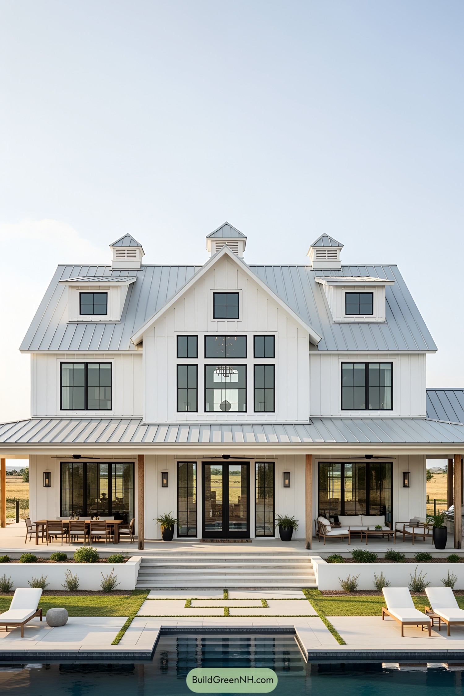 A stunning white barn-style house with a pool and patio