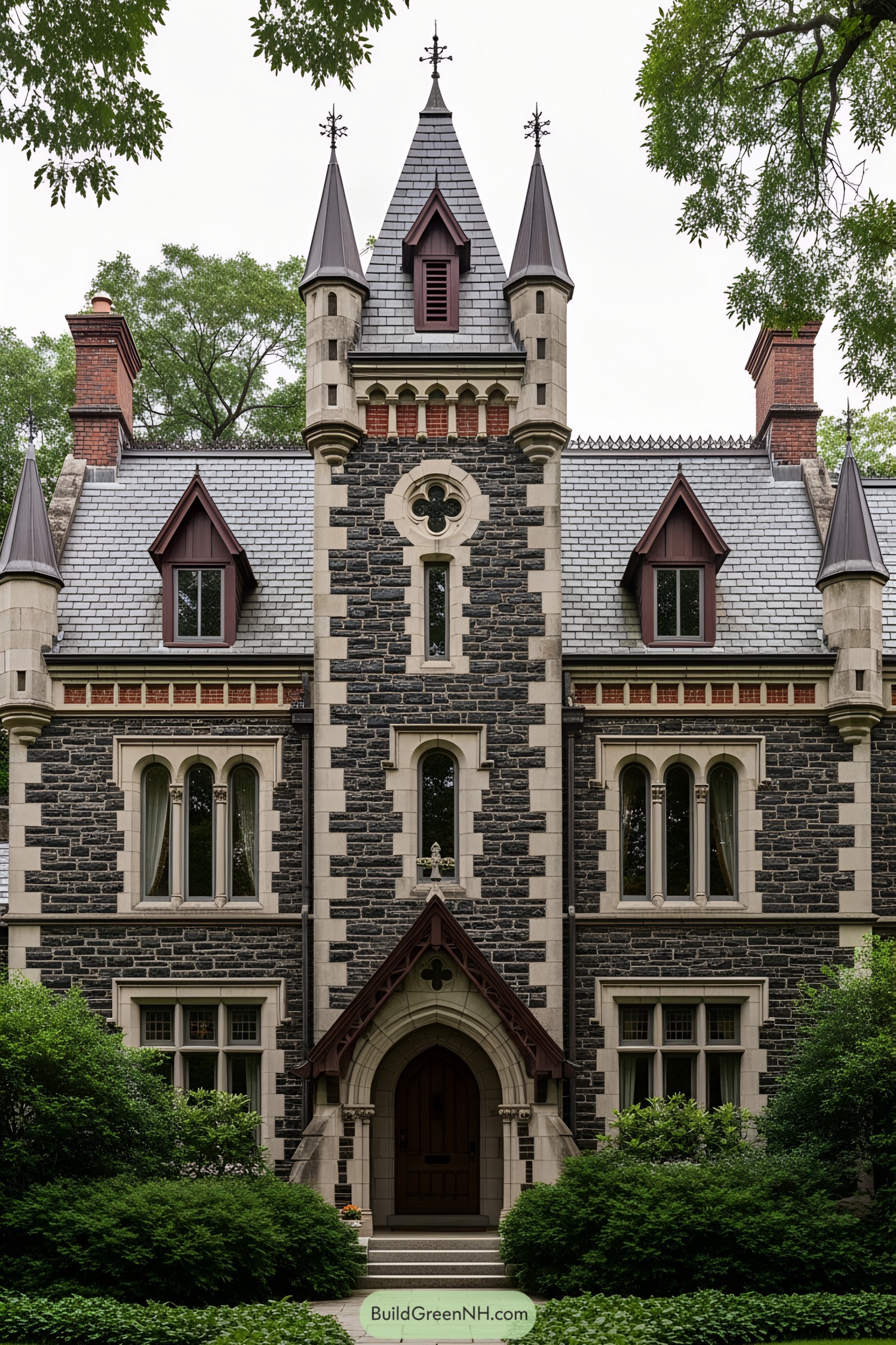 Gothic Victorian house with pointed towers and intricate stonework