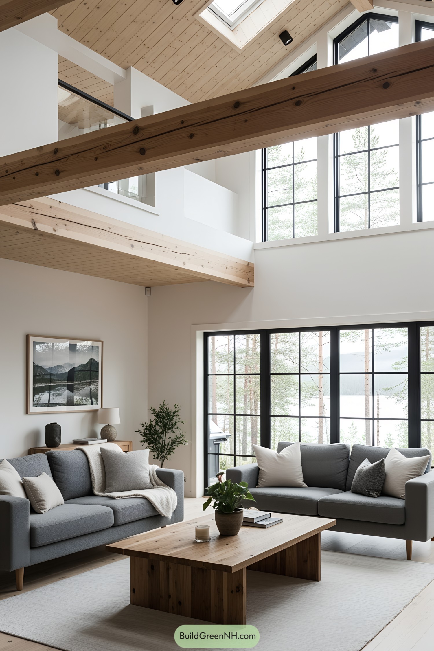 Spacious living room with large windows and wood accents