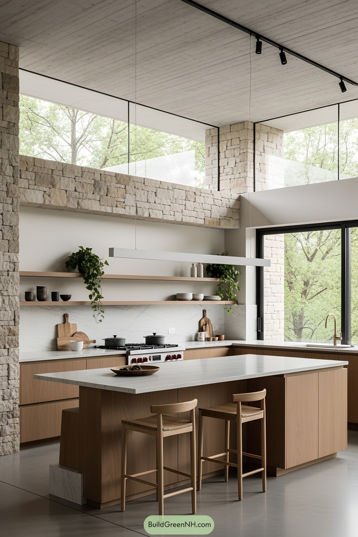 Modern kitchen with stone walls, large windows, and warm wood accents