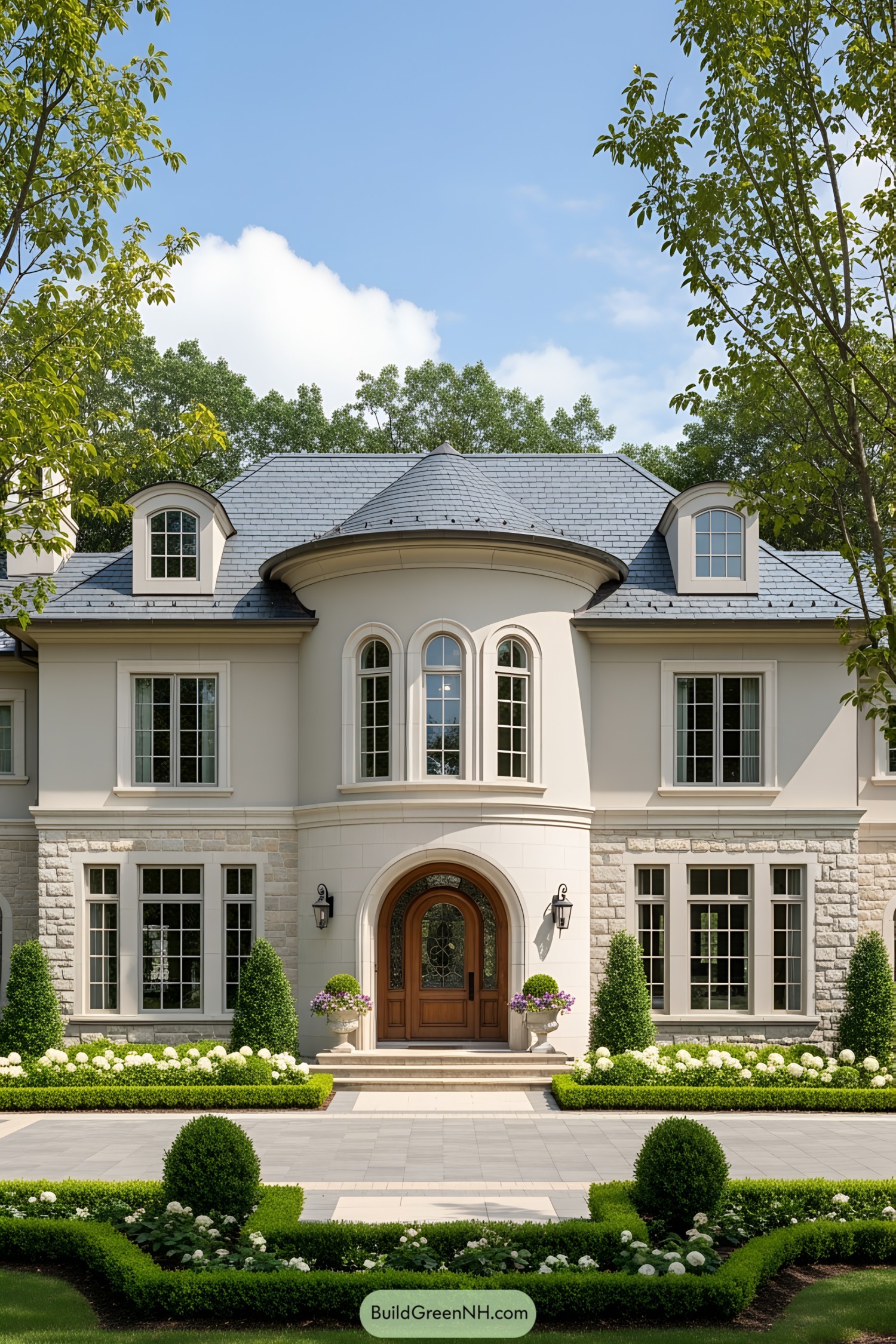 Stately modern estate with a curved tower