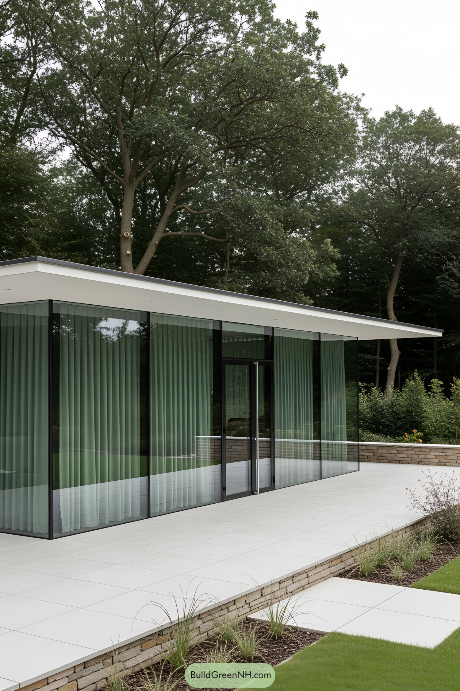 Flat modern glass terrace surrounded by lush greenery
