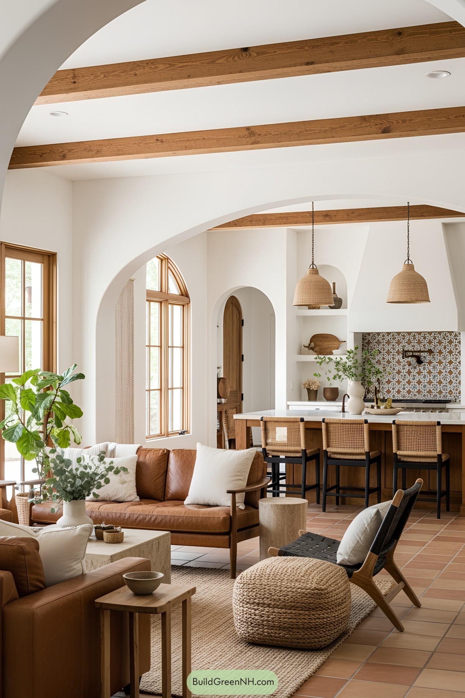 Warm Spanish living room with wooden beams and cozy seating