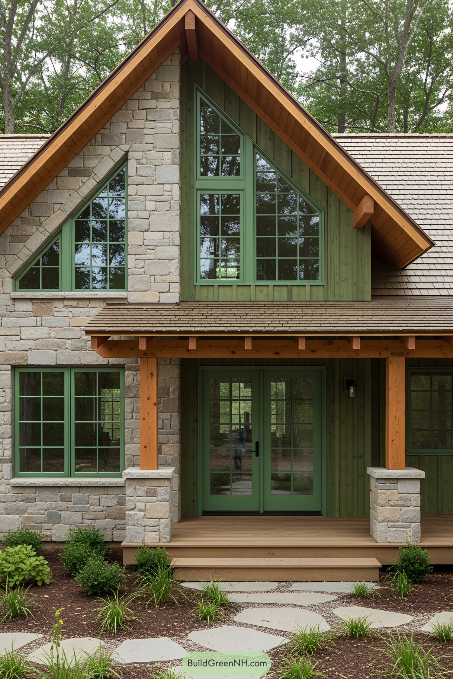 Rustic house with stone and wooden facade nestled among trees