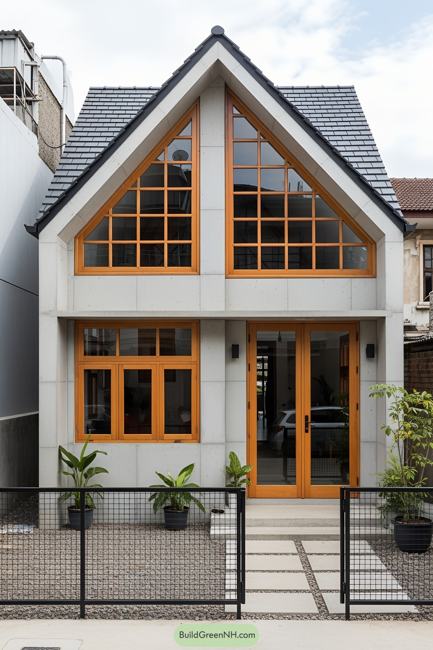 Small modern house with wooden windows and a metal fence