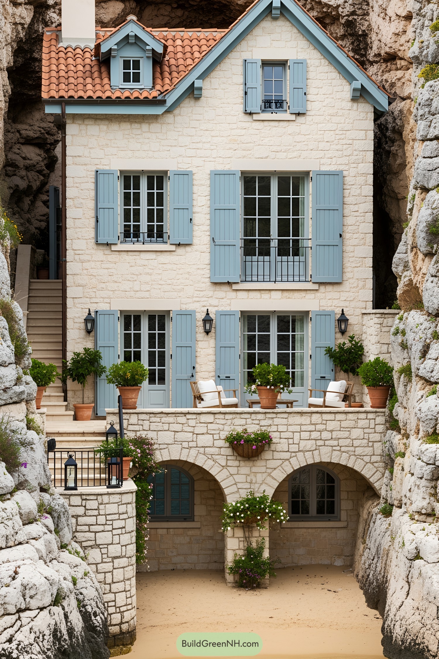 Charming stone house with blue shutters nestled between rocky cliffs