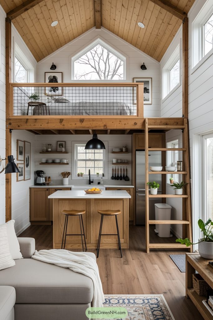 Barn style tiny compact loft house interior with an open plan living area and kitchen beneath a mezzanine sleeping loft. The aesthetic is modern