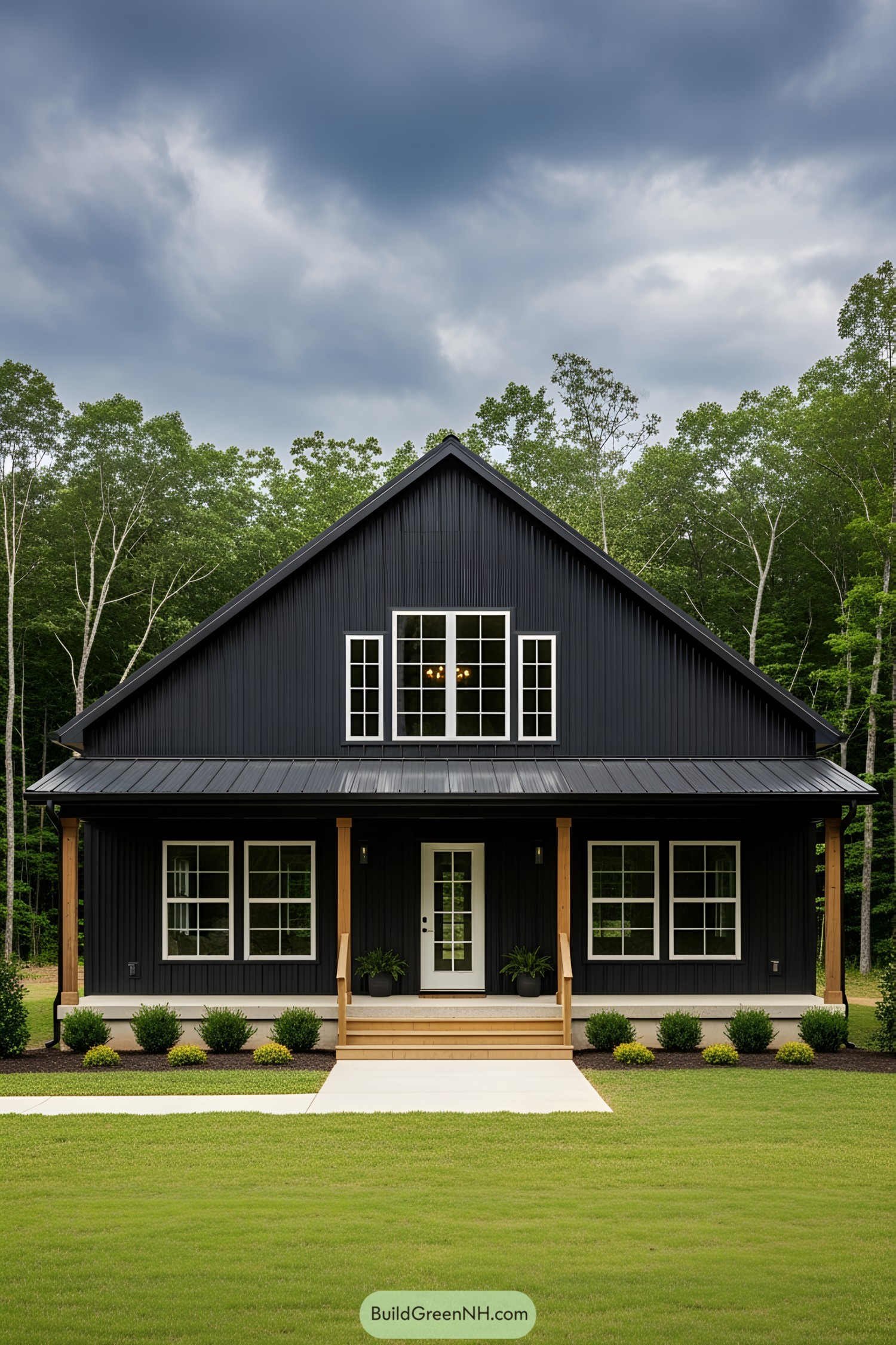 Black pole barn house with a porch and large windows, surrounded by greenery