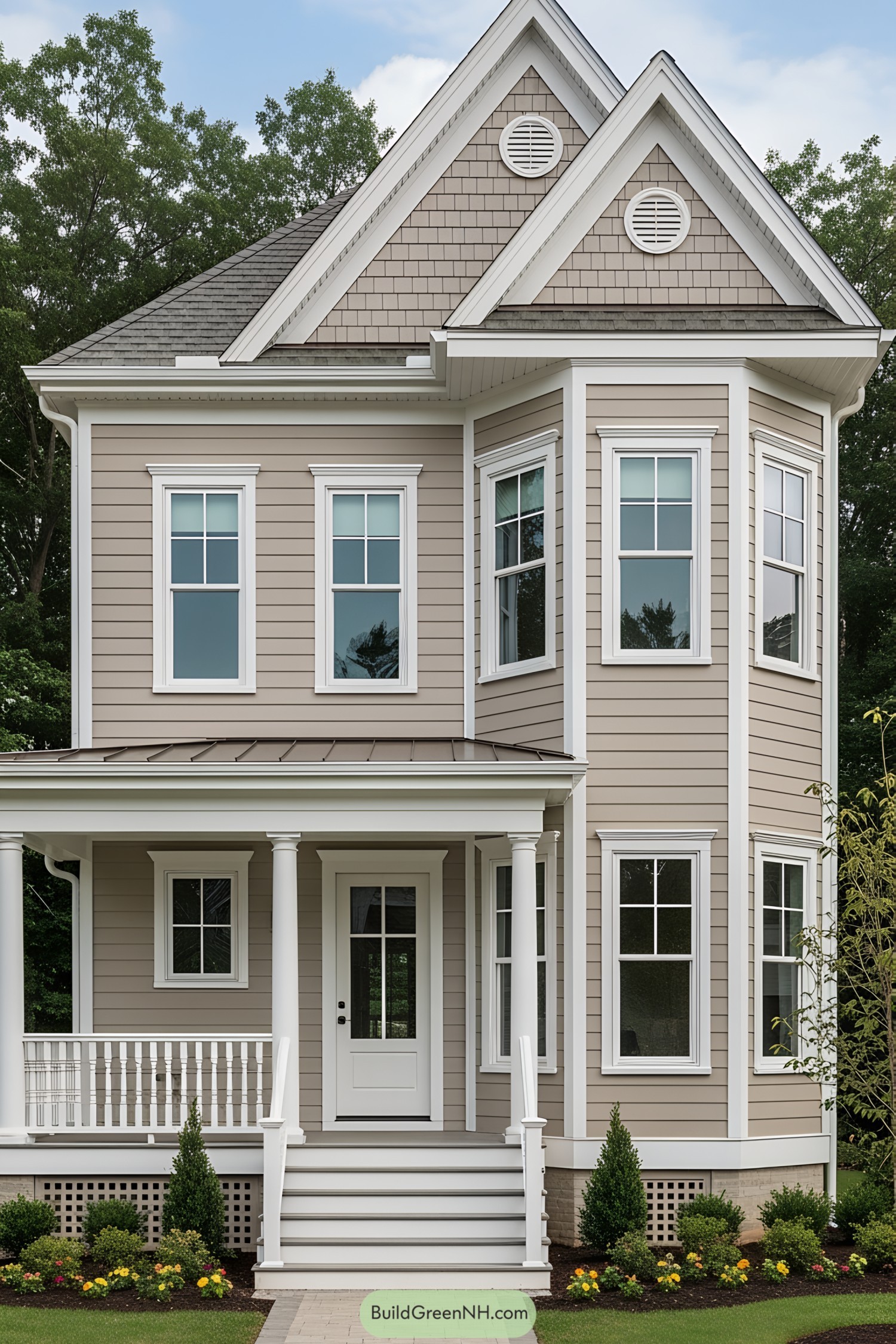 Small Victorian house with beige siding and white trim