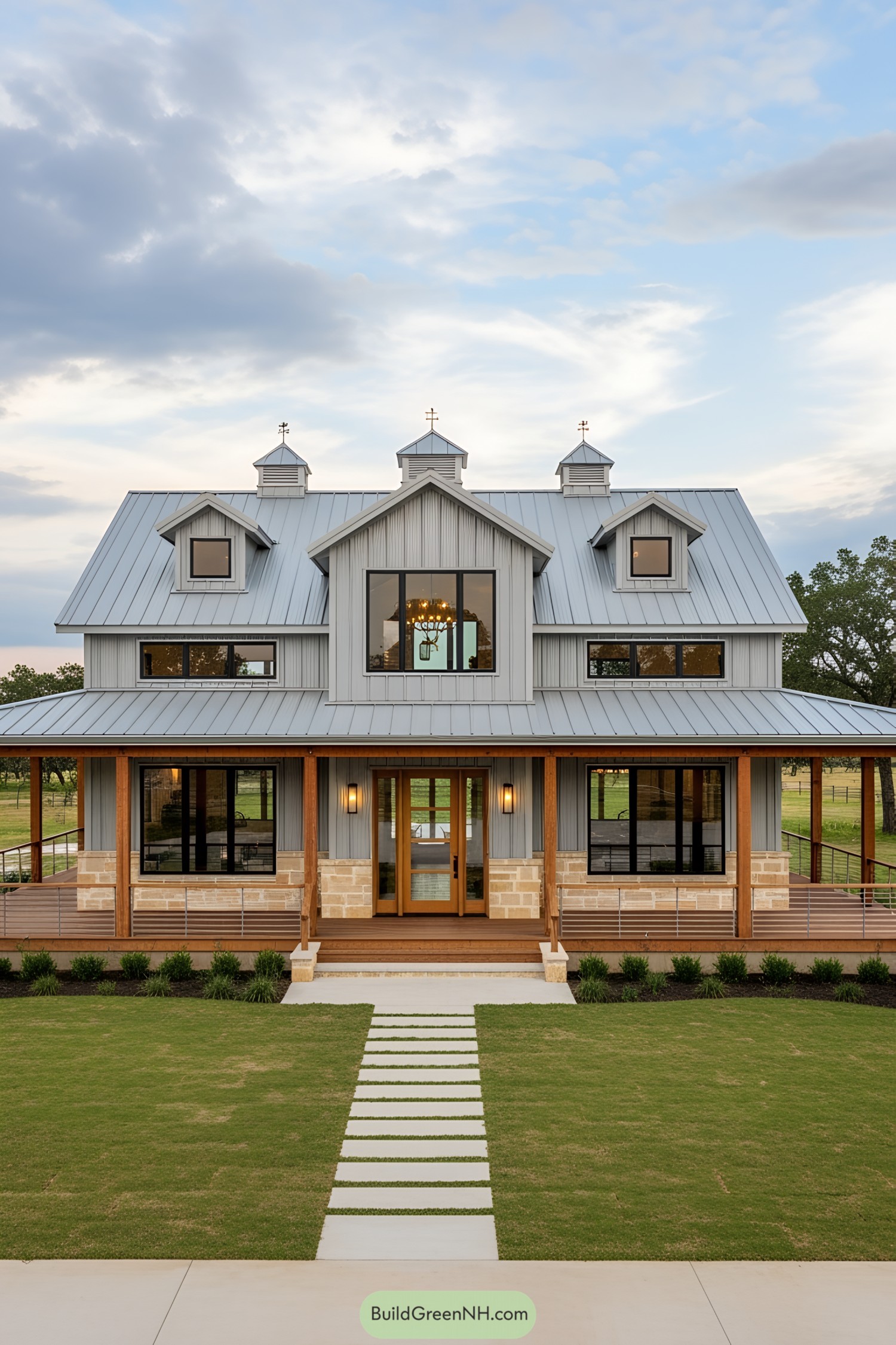 A majestic farmhouse with a metal roof and expansive porch