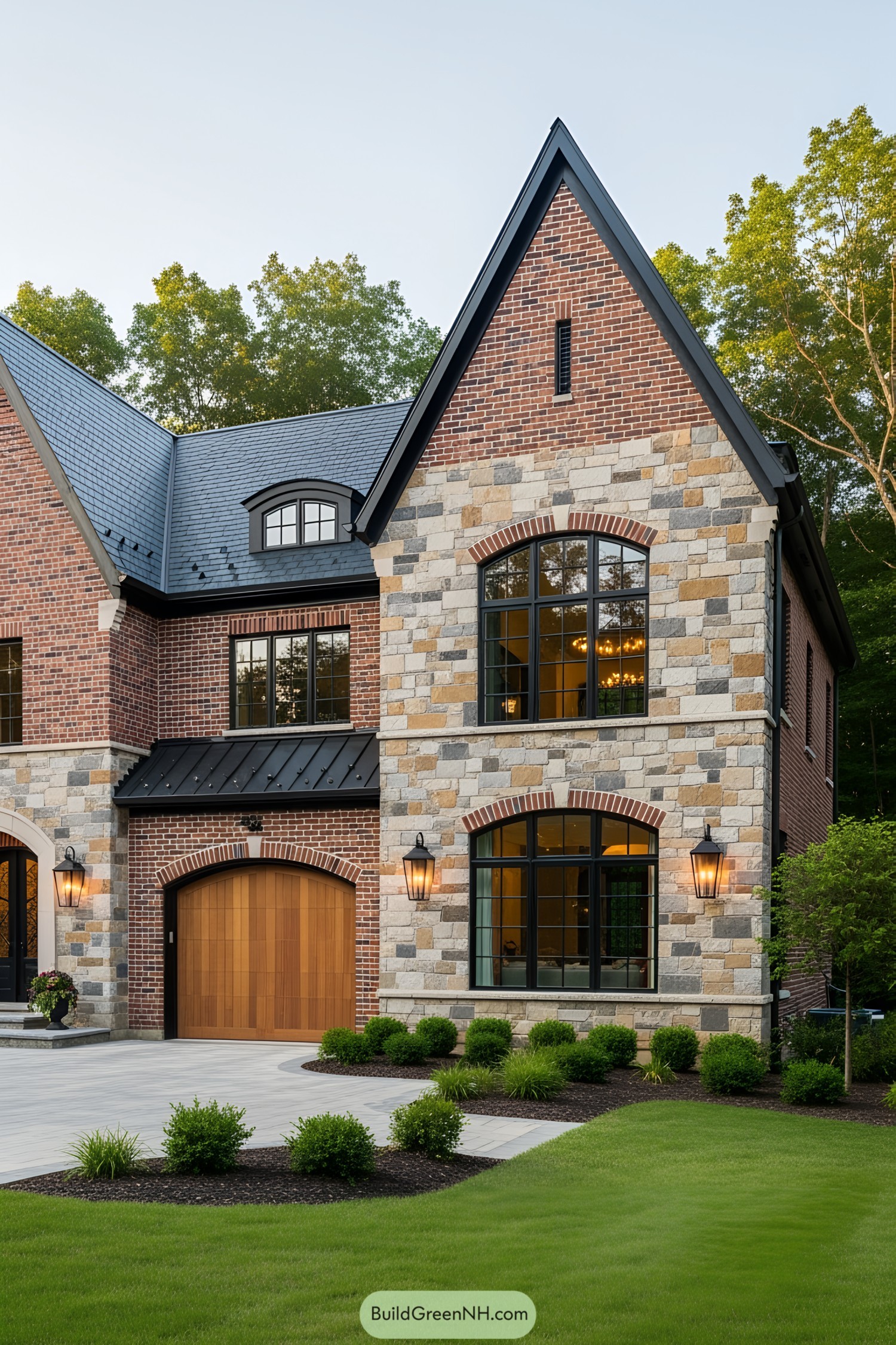 Brick farmhouse with stone accents and arched windows