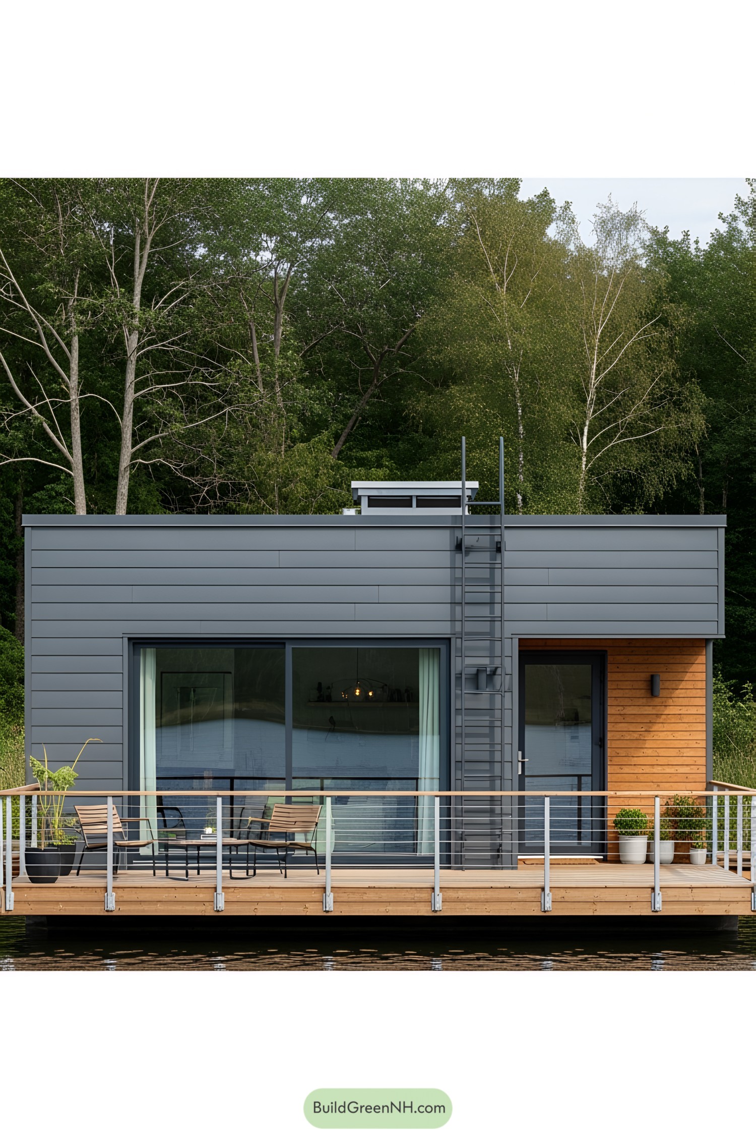 Modern floating cottage with a sleek design and wooden accents