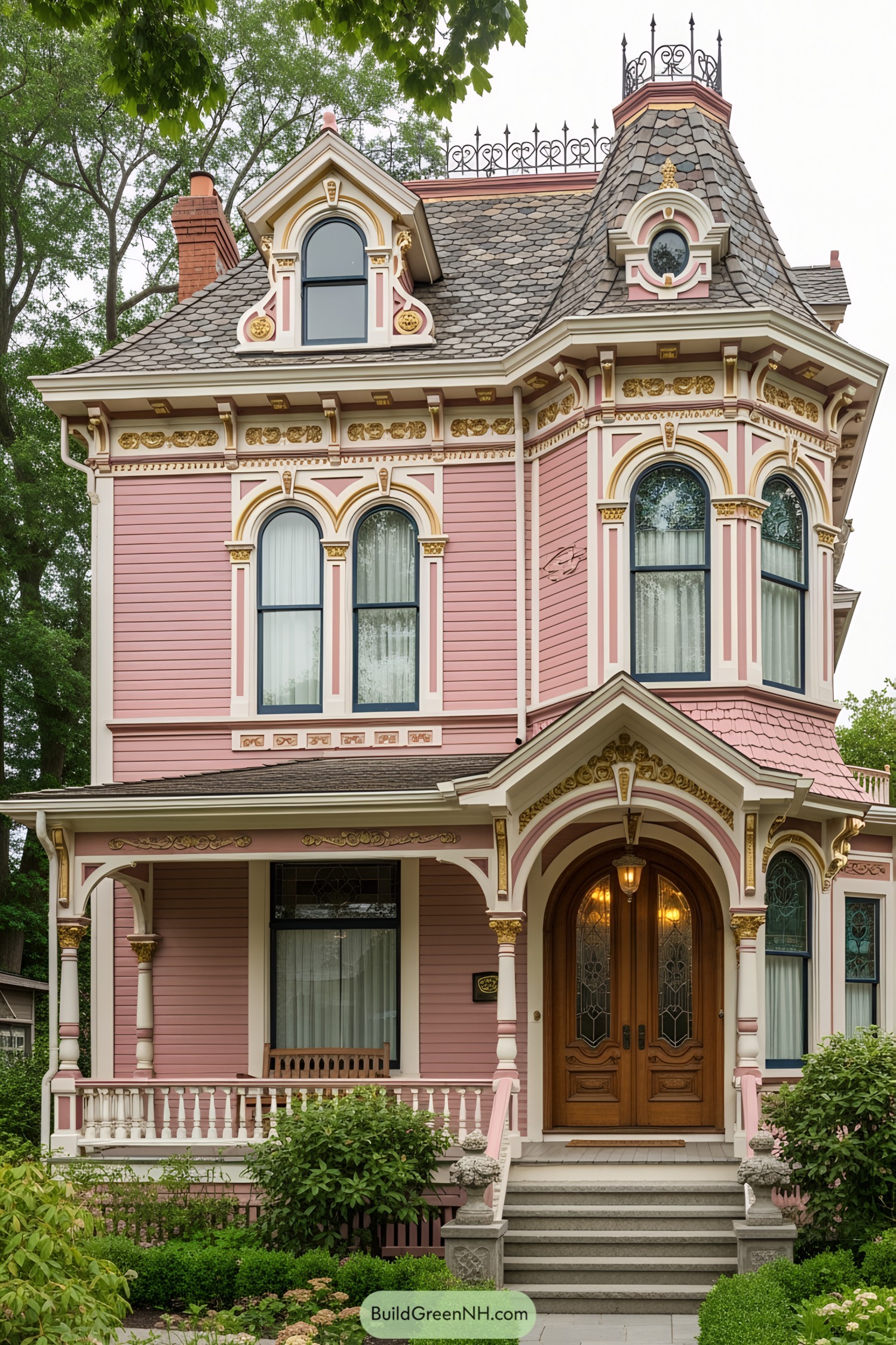 Elegant pink Victorian house with ornate details