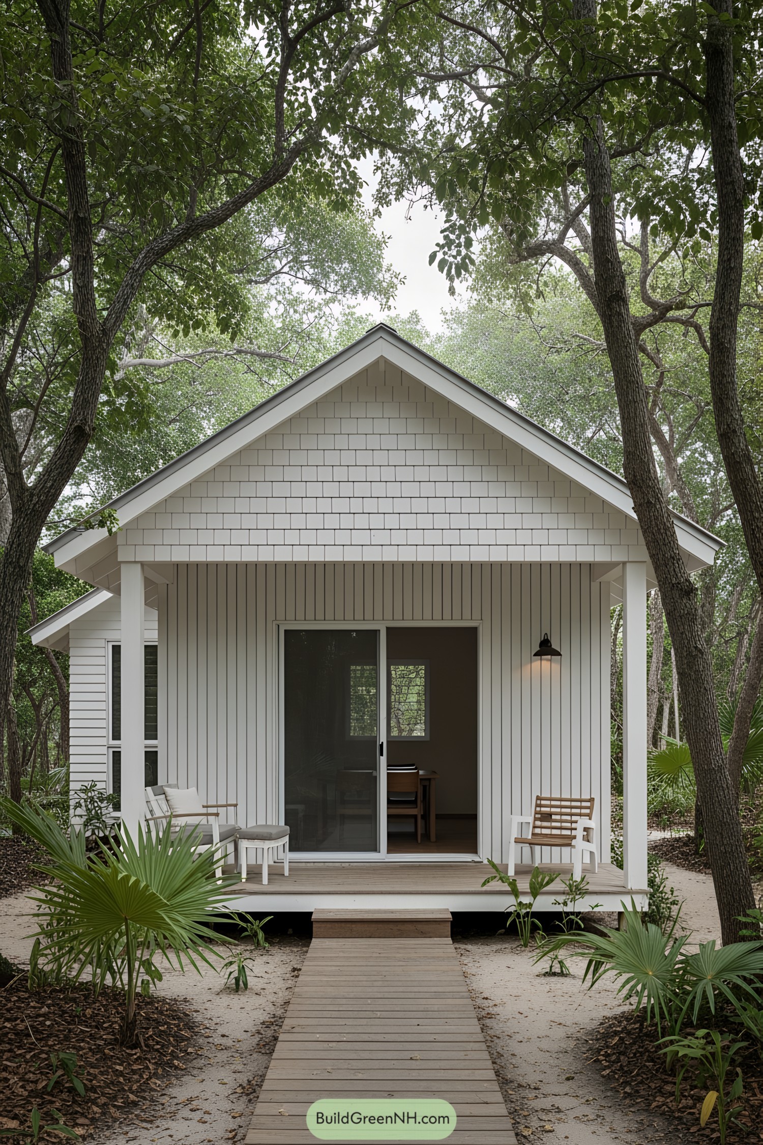 Small white beach house surrounded by trees