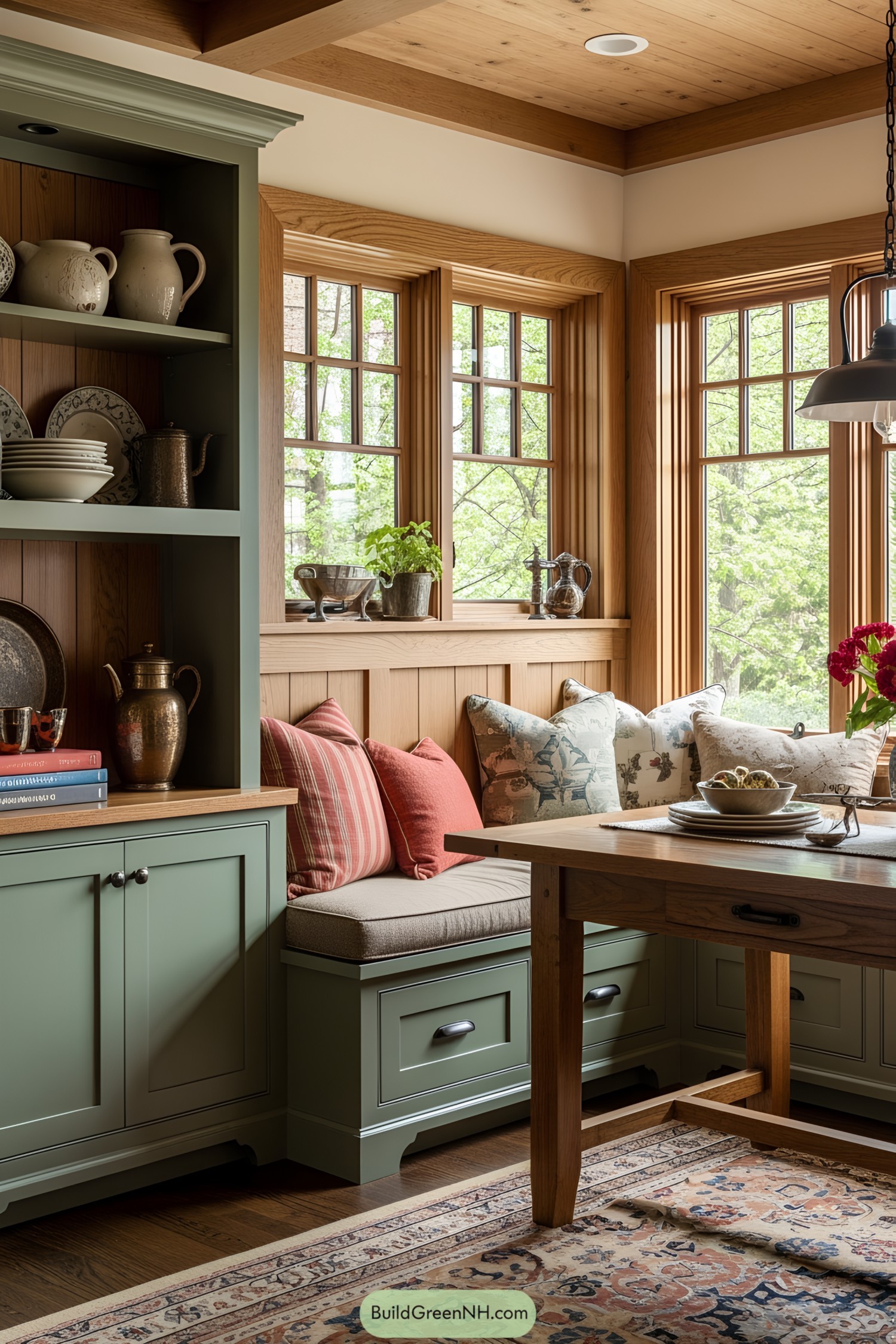 Cozy craftsman-style nook with window seating and green cabinetry