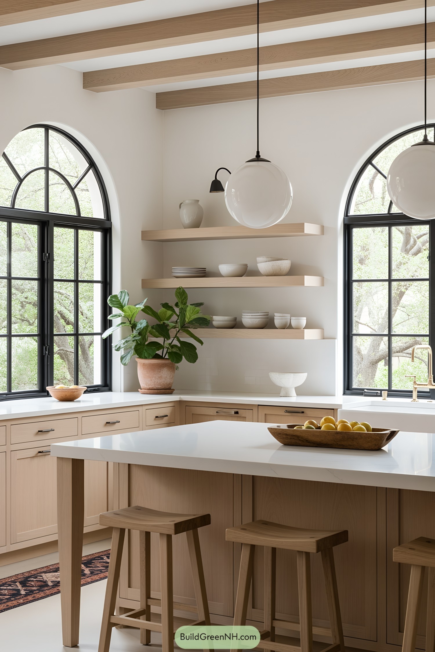 Open Spanish kitchen with natural light, wooden beams, and greenery